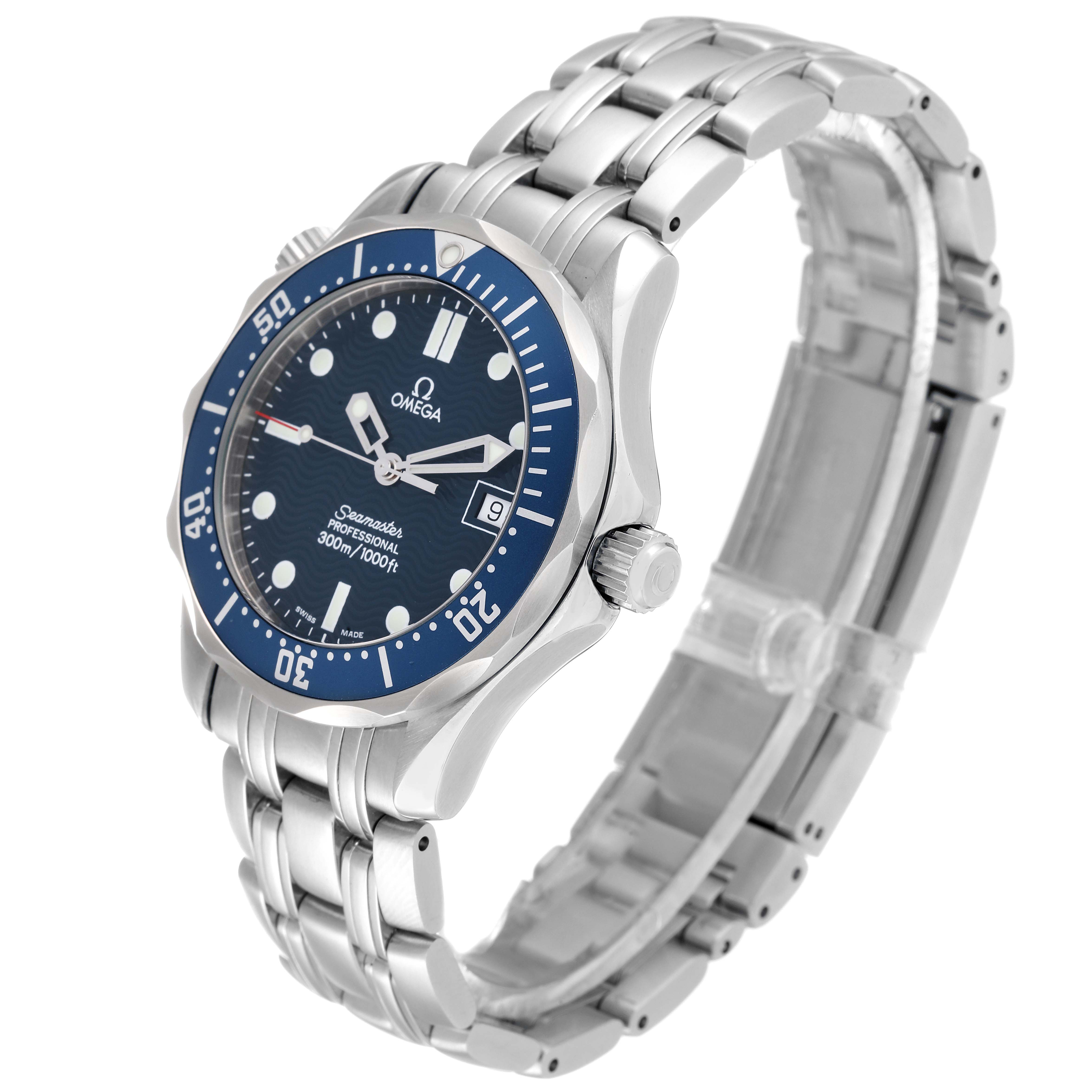 The Omega Seamaster 2561.80.00 Men's Stainless Steel Blue Dial 2561.80.00 Men's Stainless Steel Blue Dial watch is shown at a slight angled top view, highlighting its dial, bezel, crown, and stainless steel bracelet.