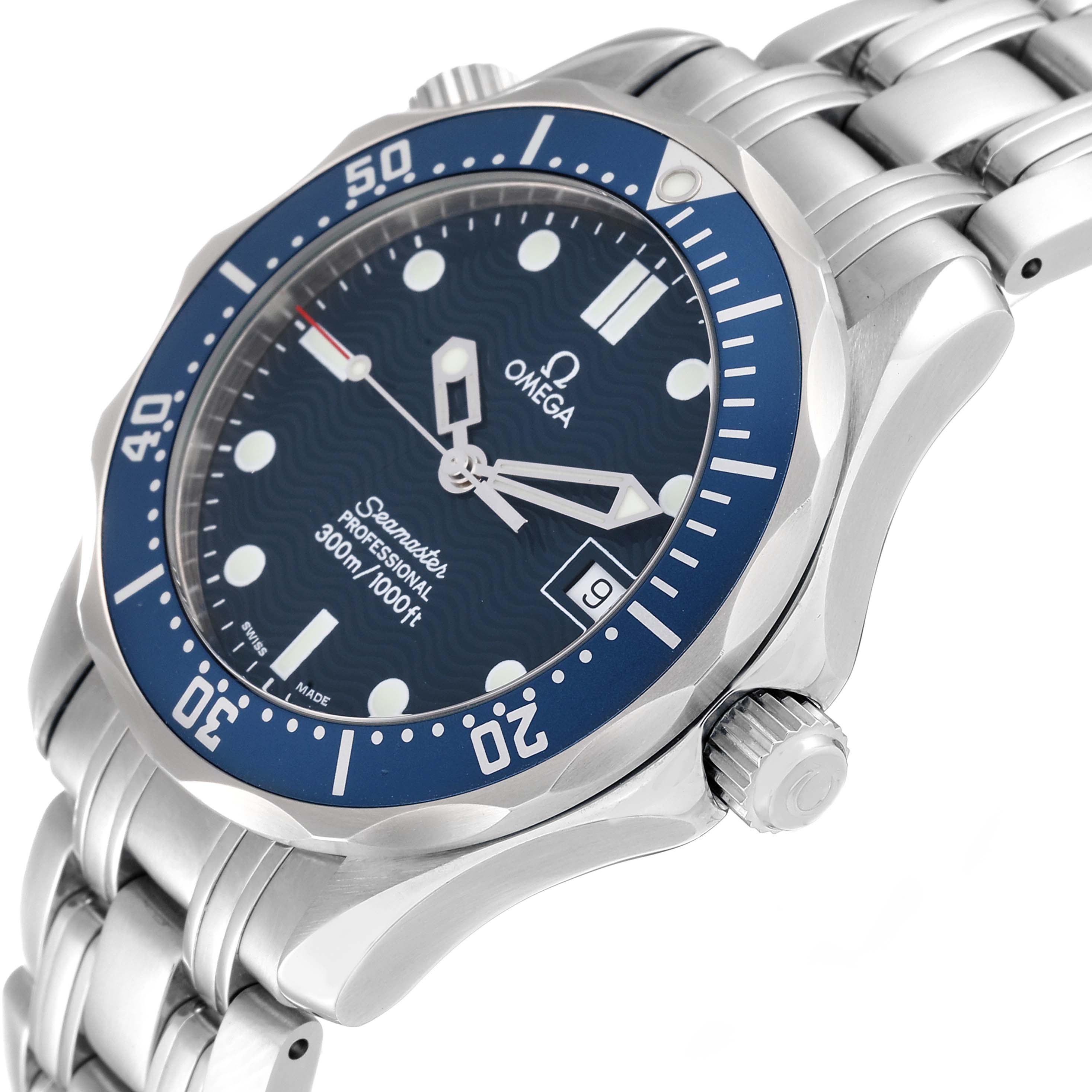 The Omega Seamaster 2561.80.00 Men's Stainless Steel Blue Dial 2561.80.00 Men's Stainless Steel Blue Dial watch is shown at an oblique angle, highlighting the bezel, crown, and stainless steel bracelet.