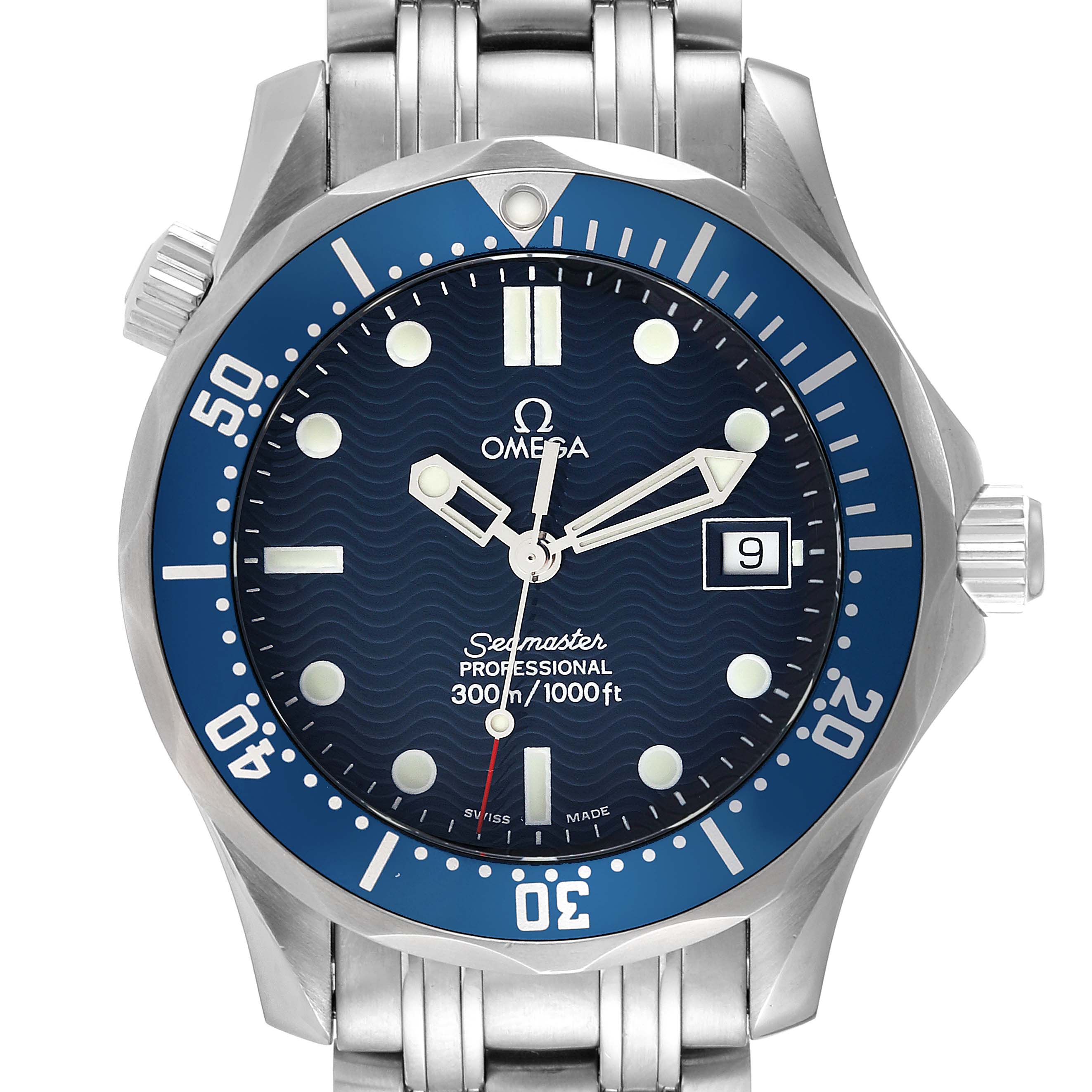 This is a frontal view of an Omega Seamaster 2561.80.00 Men's Stainless Steel Blue Dial 2561.80.00 Men's Stainless Steel Blue Dial watch, showcasing its bezel, dial, hands, date window, and bracelet.