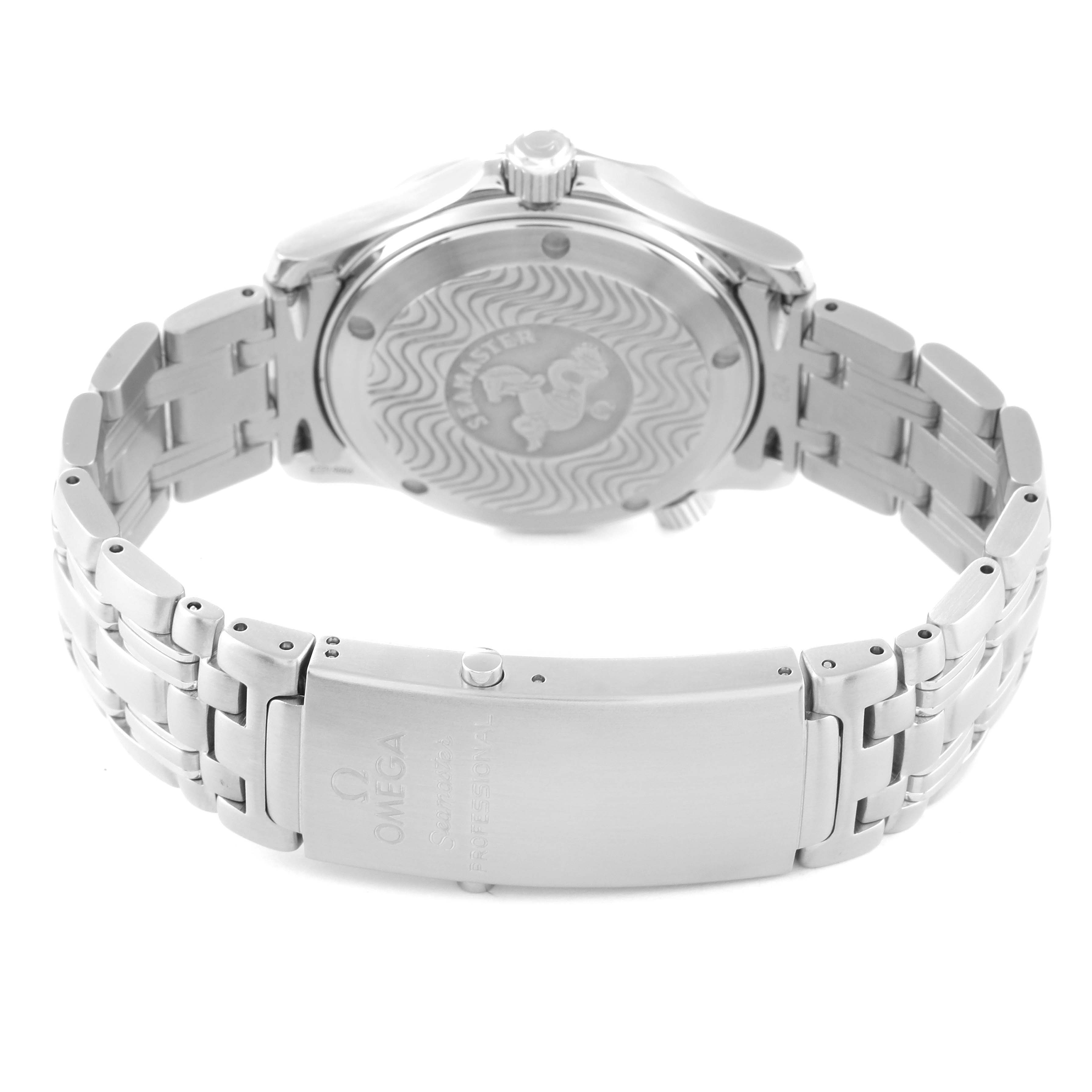 This image shows the back view of an Omega Seamaster 2561.80.00 Men's Stainless Steel Blue Dial 2561.80.00 Men's Stainless Steel Blue Dial watch with focus on the case back and closed clasp.