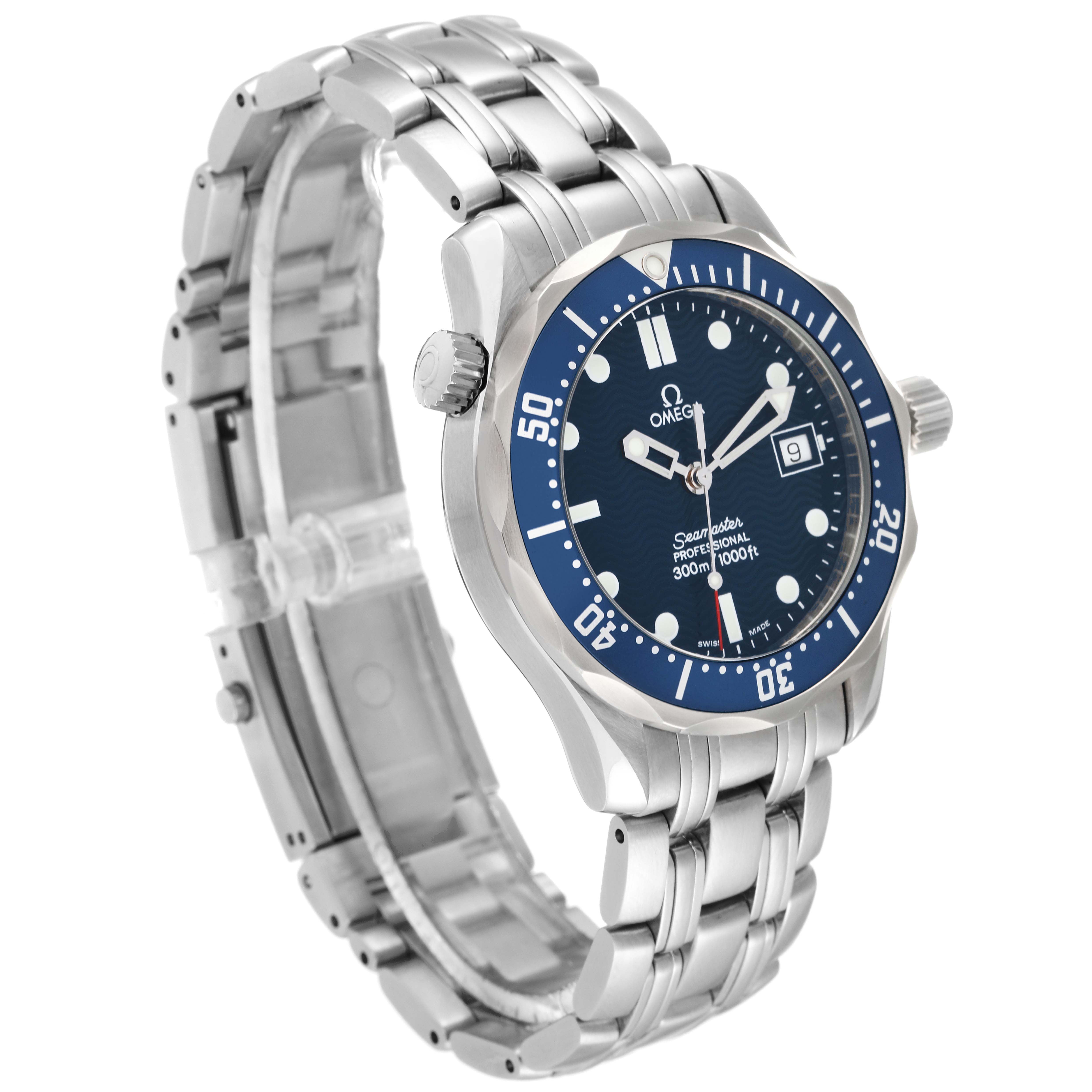 The Omega Seamaster 2561.80.00 Men's Stainless Steel Blue Dial 2561.80.00 Men's Stainless Steel Blue Dial watch is shown at a three-quarter angle highlighting the stainless steel bracelet, bezel, dial, and crown.