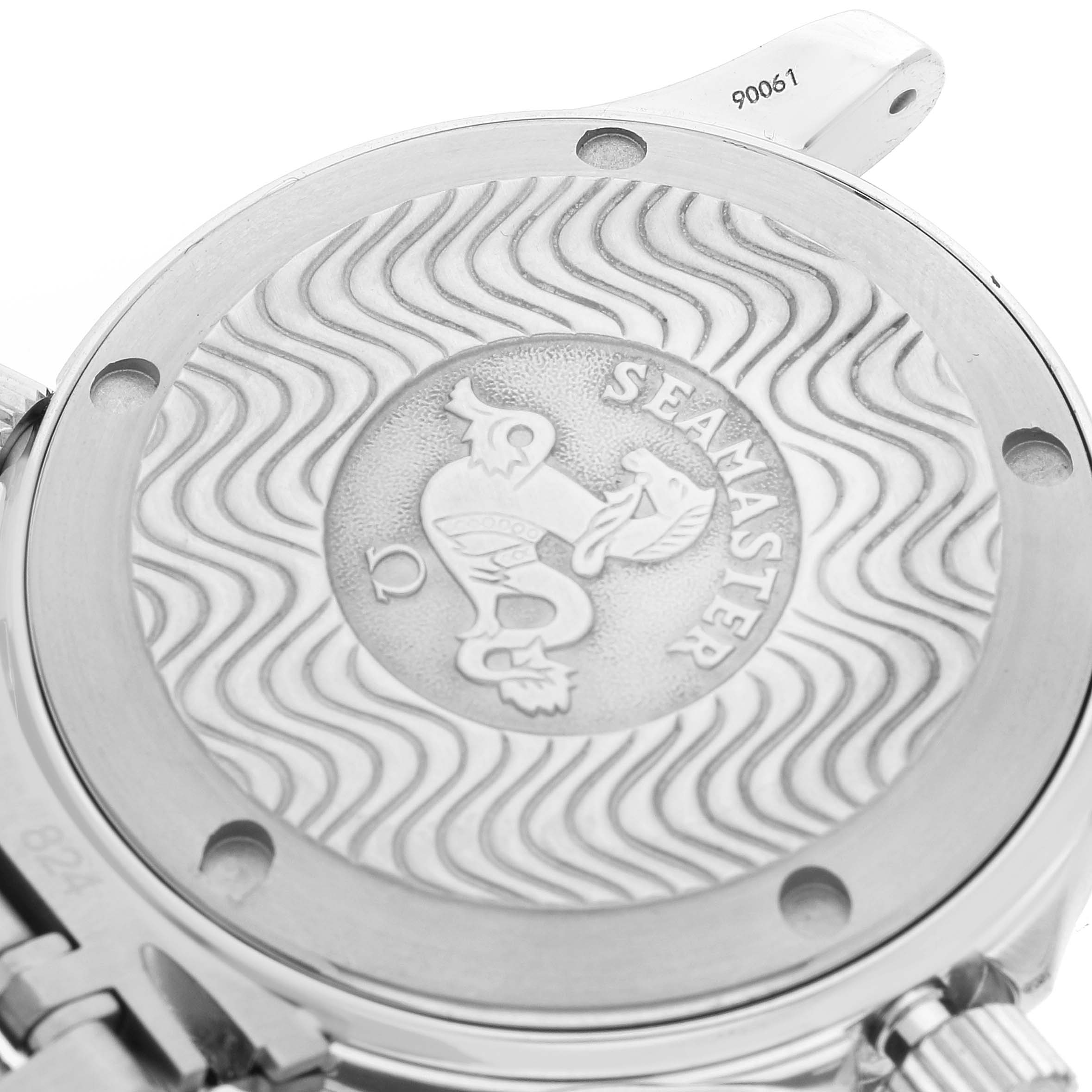 The image shows the engraved case back of an Omega Seamaster 2561.80.00 Men's Stainless Steel Blue Dial 2561.80.00 Men's Stainless Steel Blue Dial watch, viewed from a slightly angled perspective.