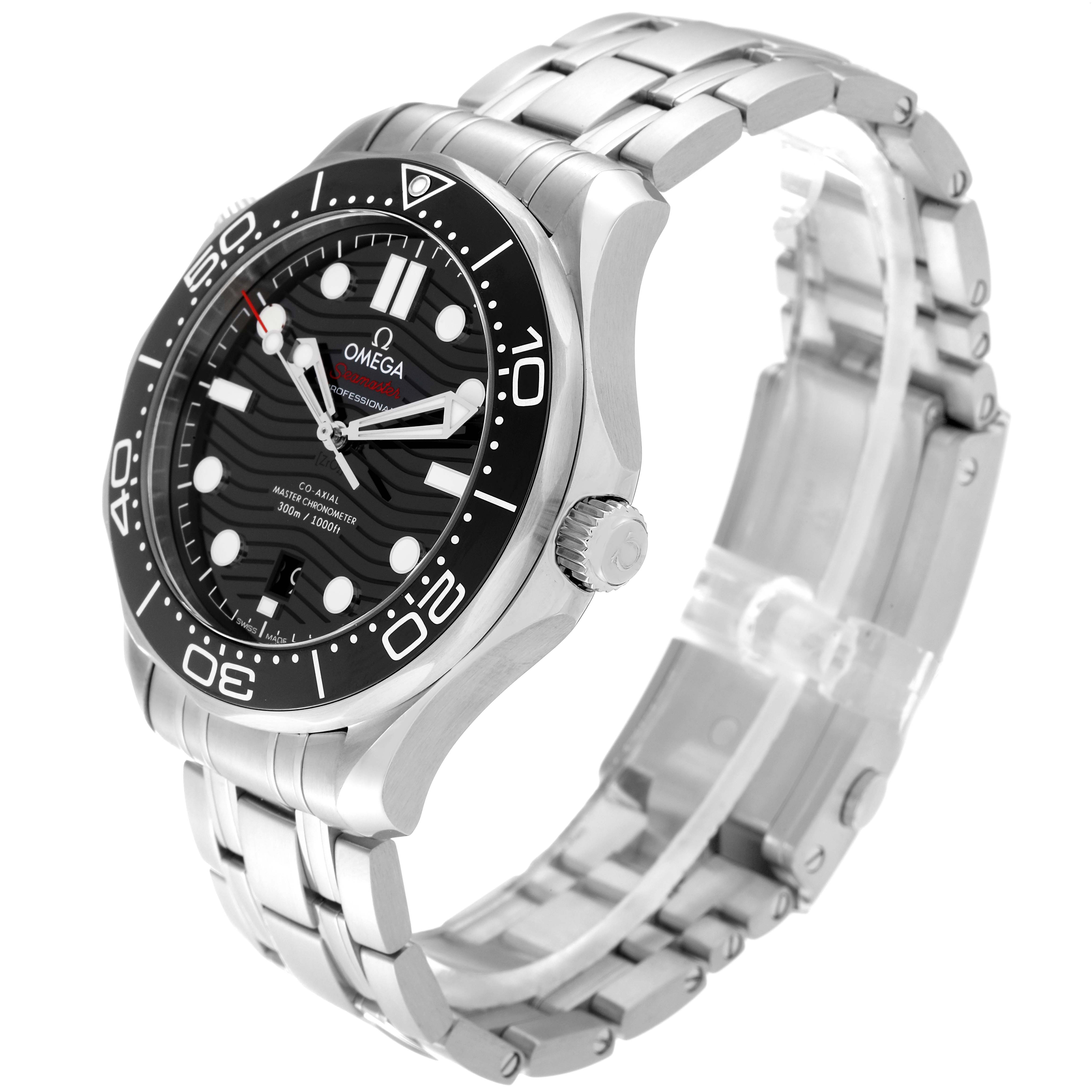 The Omega Seamaster 210.30.42.20.01.001 Men
s Stainless Steel Black Dial 210.30.42.20.01.001 Men
s Stainless Steel Black Dial watch is shown at a three-quarters angle, highlighting the dial, bezel, crown, and bracelet.