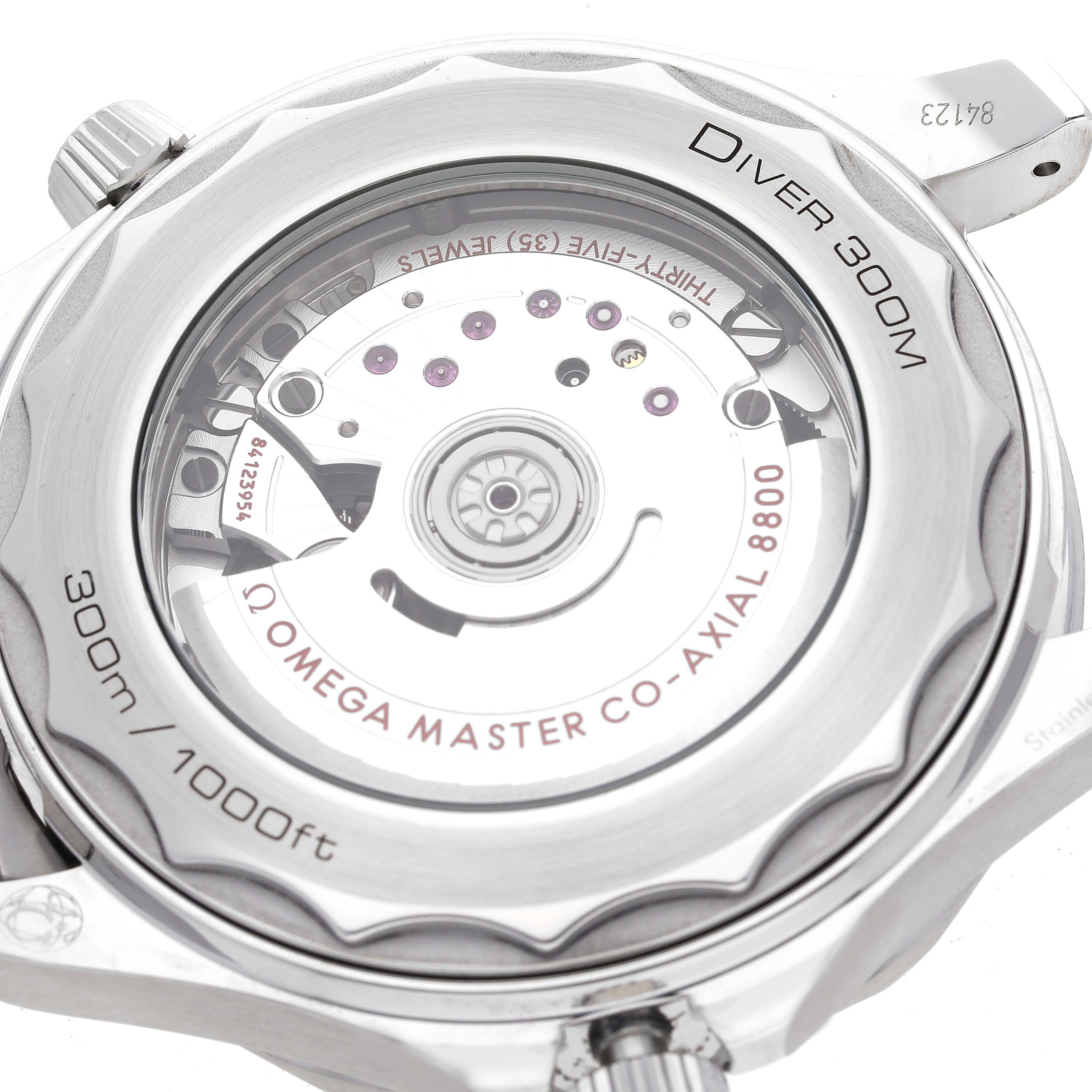 The image shows the back view of an Omega Seamaster 210.30.42.20.01.001 Men
s Stainless Steel Black Dial 210.30.42.20.01.001 Men
s Stainless Steel Black Dial Diver 300M, highlighting the movement and specifications.