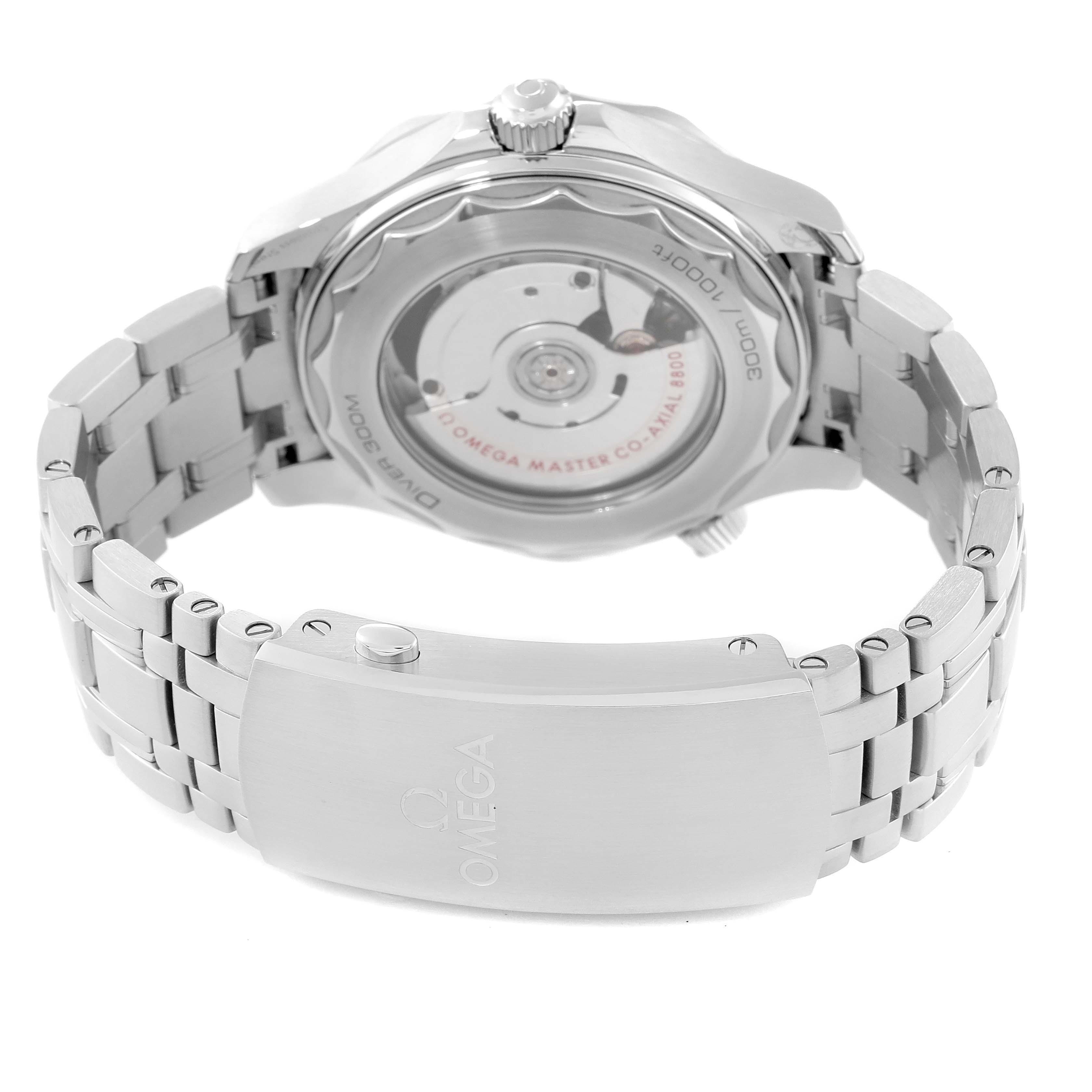 The image shows the case back and bracelet of the Omega Seamaster 210.30.42.20.01.001 Men
s Stainless Steel Black Dial 210.30.42.20.01.001 Men
s Stainless Steel Black Dial watch, highlighting the movement and the clasp.