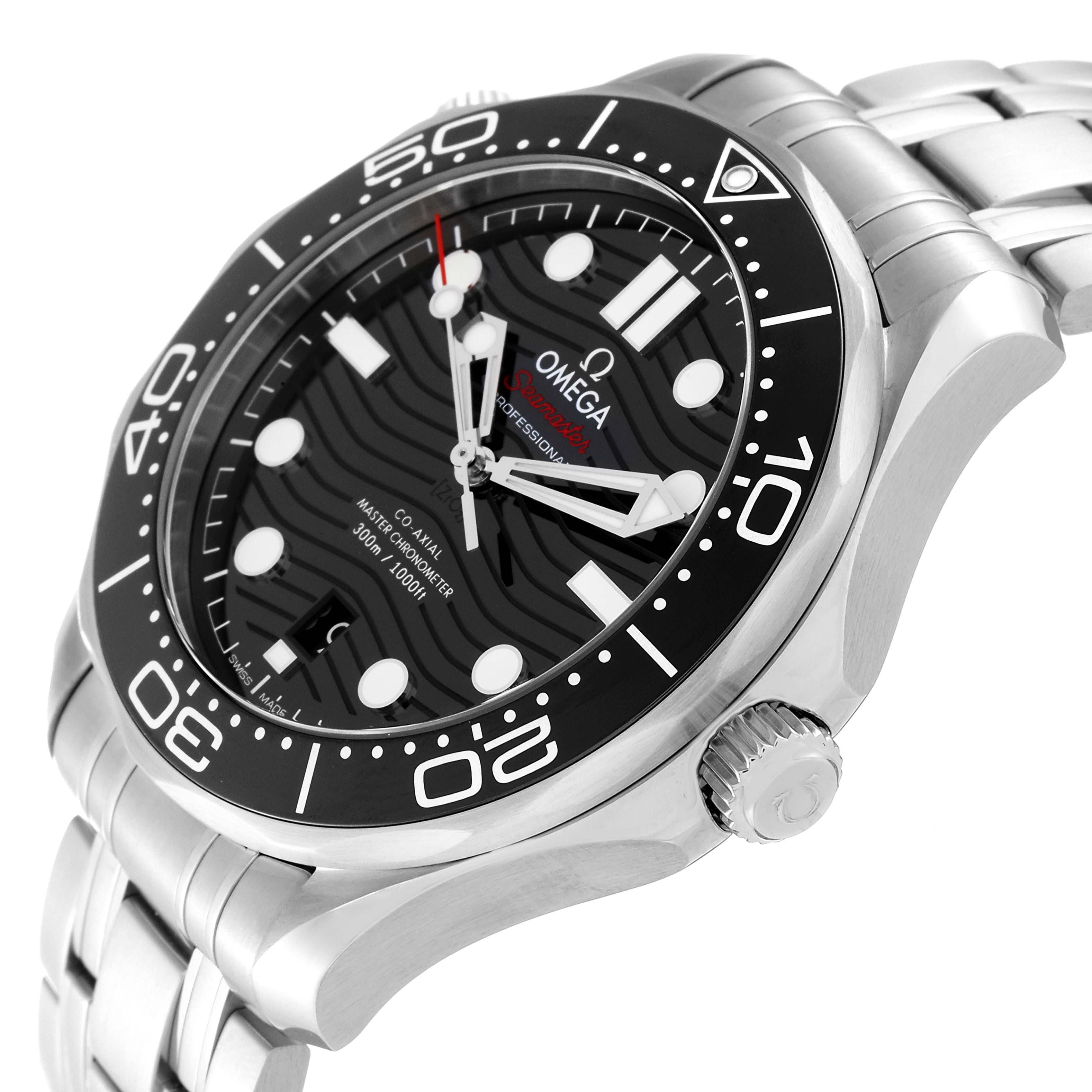 The image shows a side-angle view of the Omega Seamaster 210.30.42.20.01.001 Men
s Stainless Steel Black Dial 210.30.42.20.01.001 Men
s Stainless Steel Black Dial watch, highlighting the face, bezel, crown, and stainless steel bracelet.