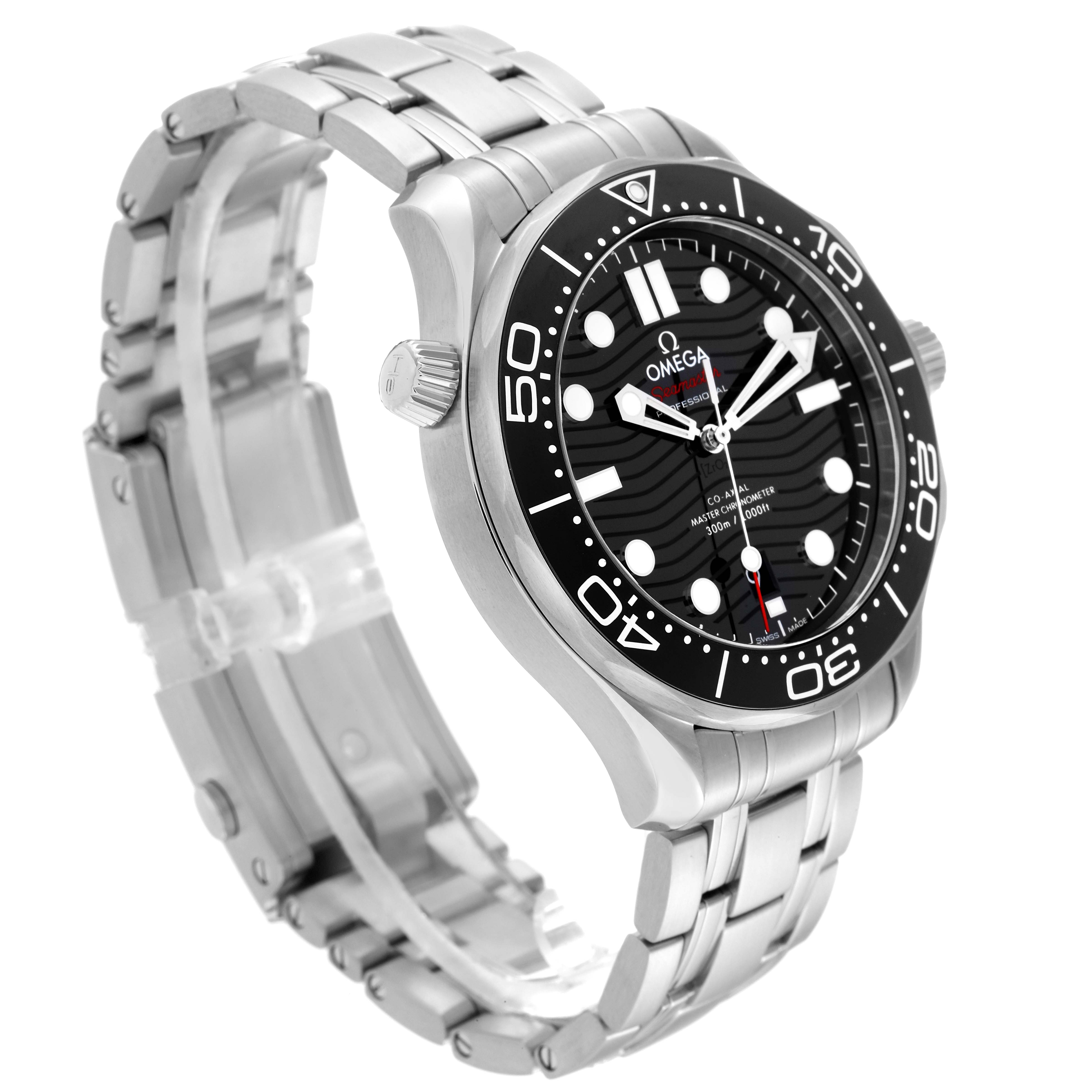 The image shows an Omega Seamaster 210.30.42.20.01.001 Men
s Stainless Steel Black Dial 210.30.42.20.01.001 Men
s Stainless Steel Black Dial watch at a three-quarter angle, highlighting the face, bezel, crown, and metal bracelet.