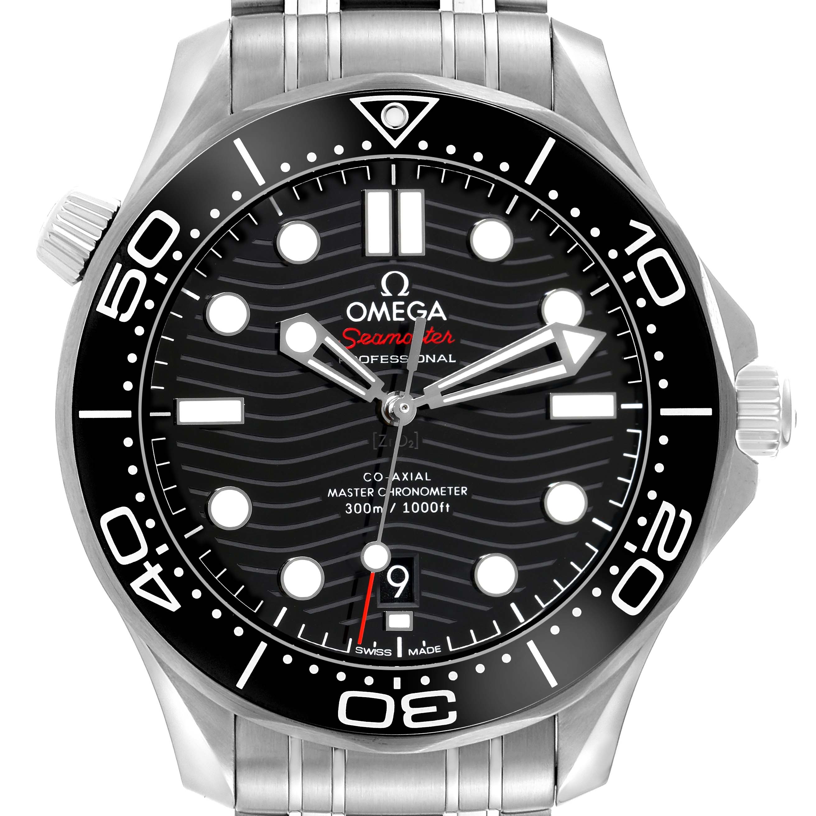 This image showcases the front view of the Omega Seamaster 210.30.42.20.01.001 Men
s Stainless Steel Black Dial 210.30.42.20.01.001 Men
s Stainless Steel Black Dial watch, highlighting its black dial, bezel, and stainless steel bracelet.