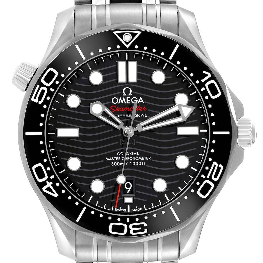 This image showcases the front view of the Omega Seamaster watch, highlighting its black dial, bezel, and stainless steel bracelet.