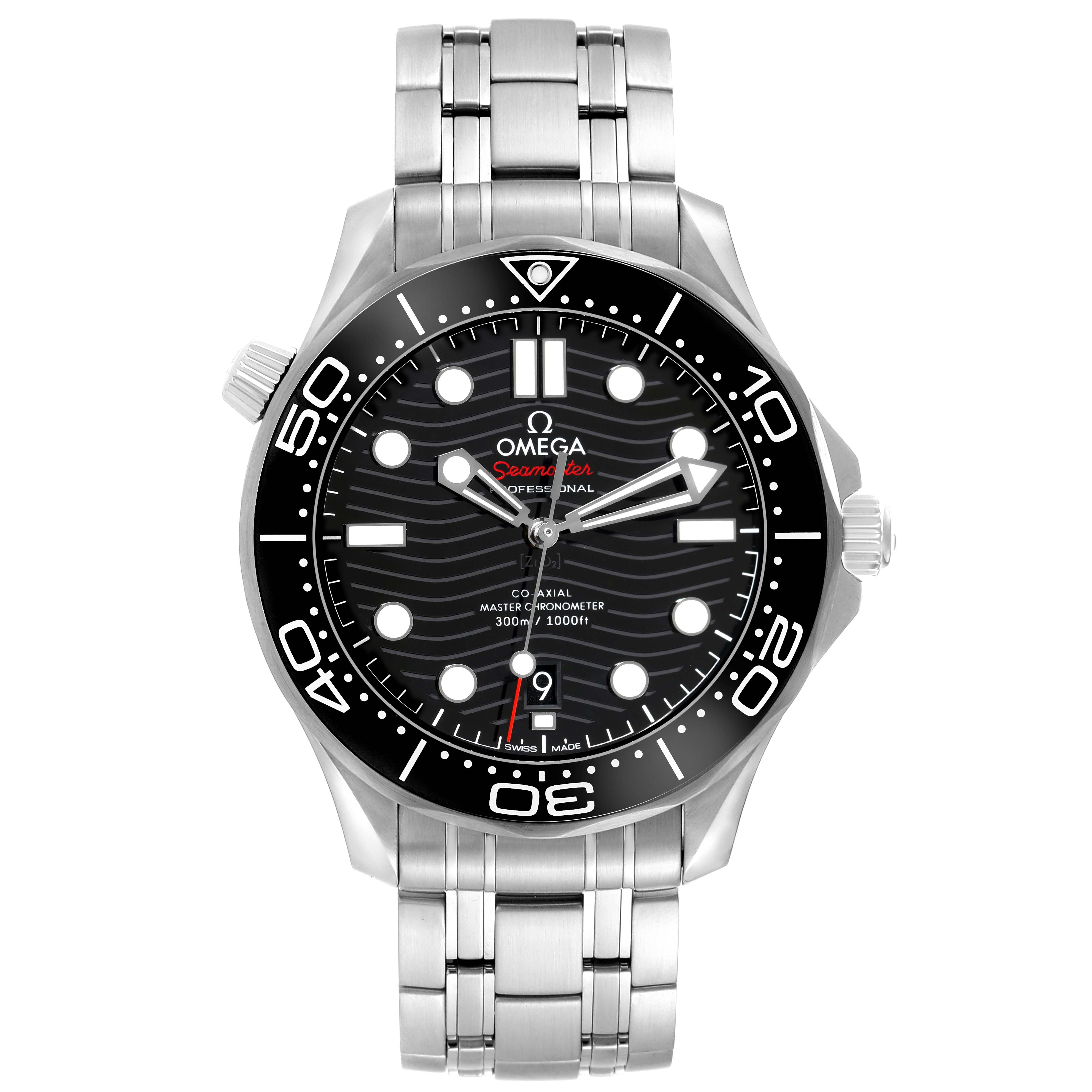 The image shows a frontal view of the Omega Seamaster 210.30.42.20.01.001 Men
s Stainless Steel Black Dial 210.30.42.20.01.001 Men
s Stainless Steel Black Dial watch, displaying its dial, bezel, and stainless steel bracelet.