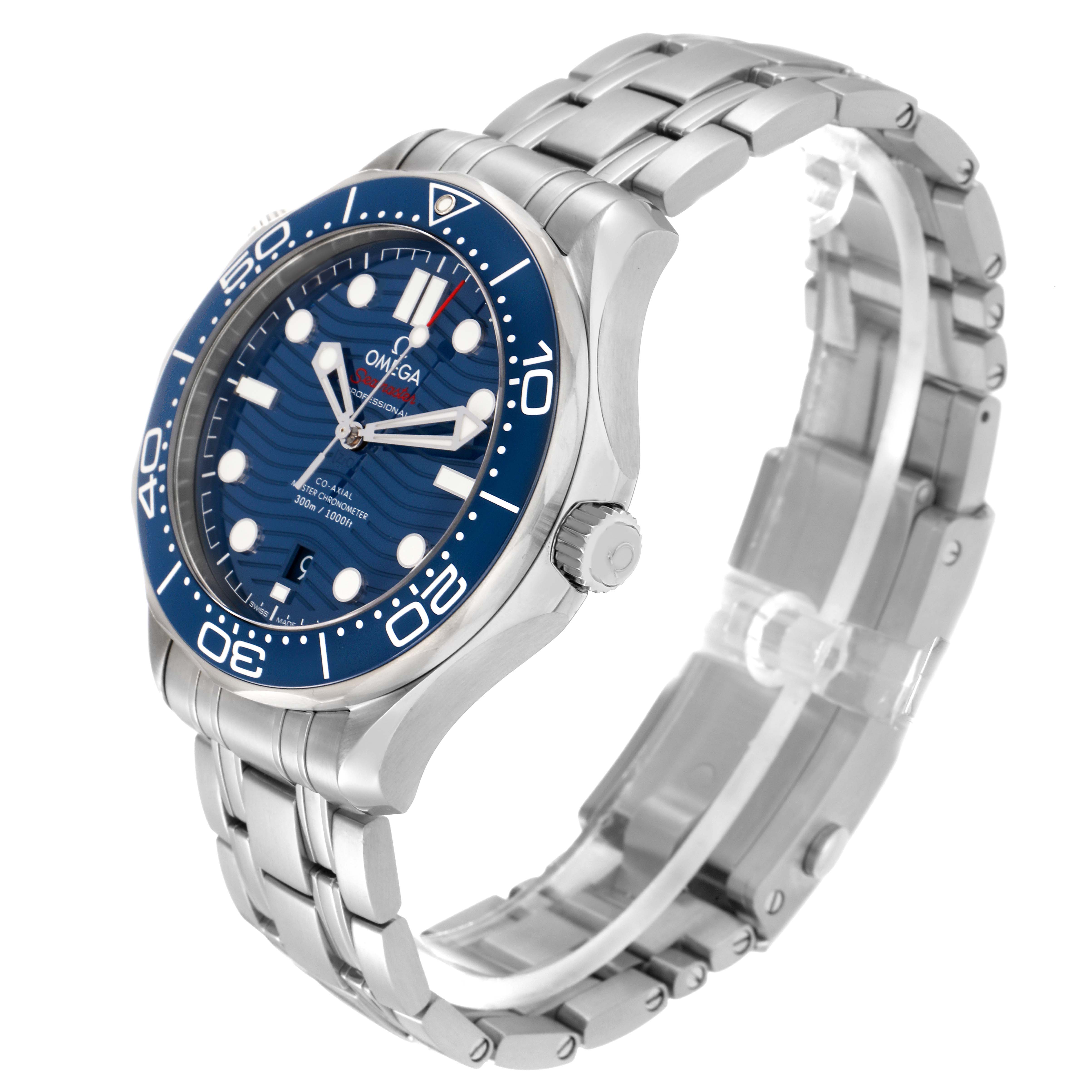 The Omega Seamaster 210.30.42.20.03.001 Men
s Stainless Steel Blue Dial 210.30.42.20.03.001 Men
s Stainless Steel Blue Dial watch is shown at a three-quarter angle, displaying the face, bezel, crown, and stainless steel bracelet.