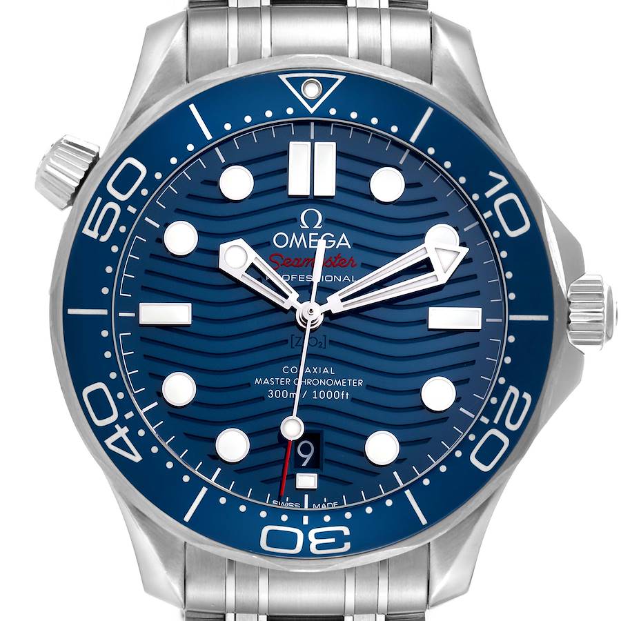 The Omega Seamaster watch is shown from the front, highlighting the dial, bezel, markers, and bracelet.