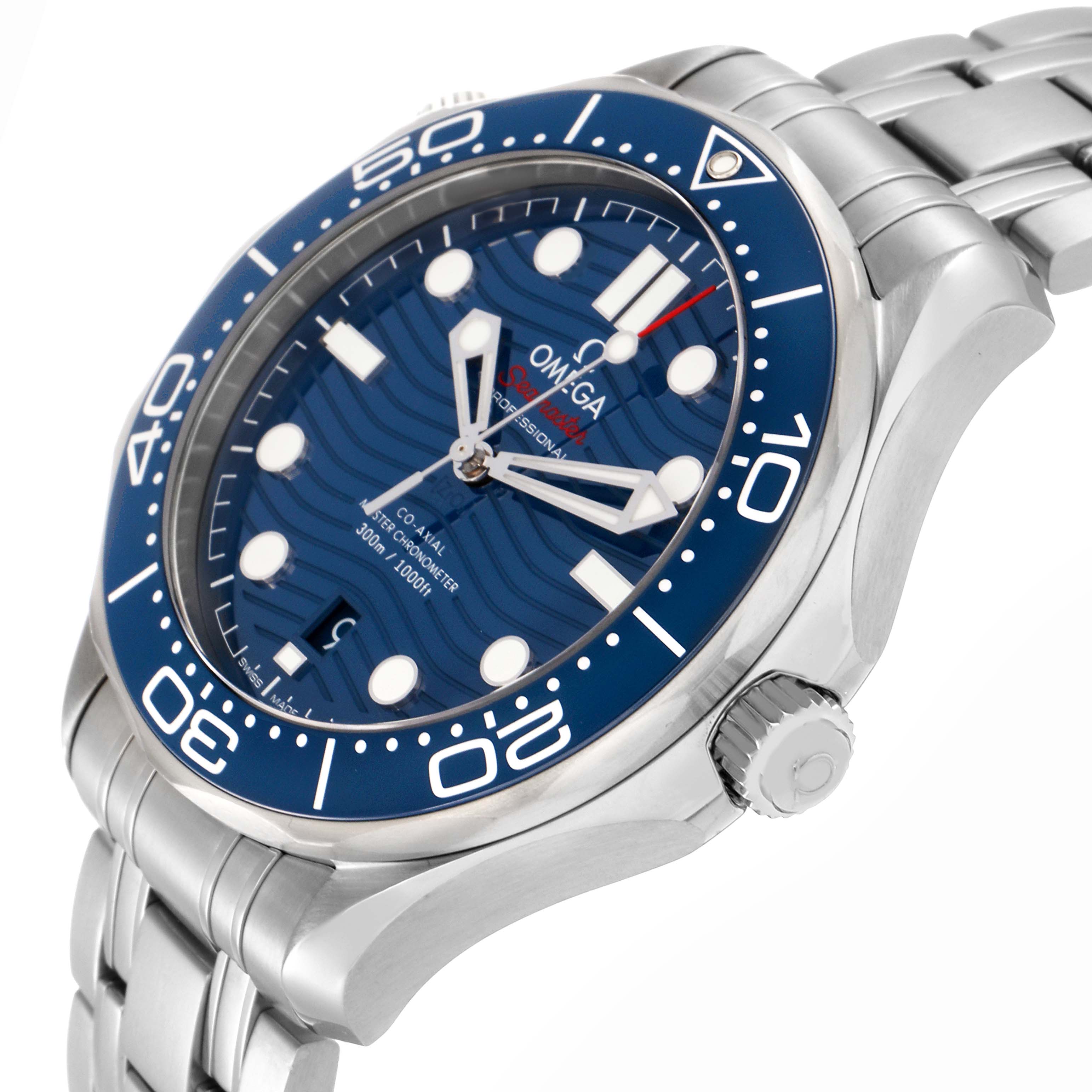 The Omega Seamaster 210.30.42.20.03.001 Men
s Stainless Steel Blue Dial 210.30.42.20.03.001 Men
s Stainless Steel Blue Dial watch is shown at a tilted side angle, displaying the face, crown, and part of the bracelet.