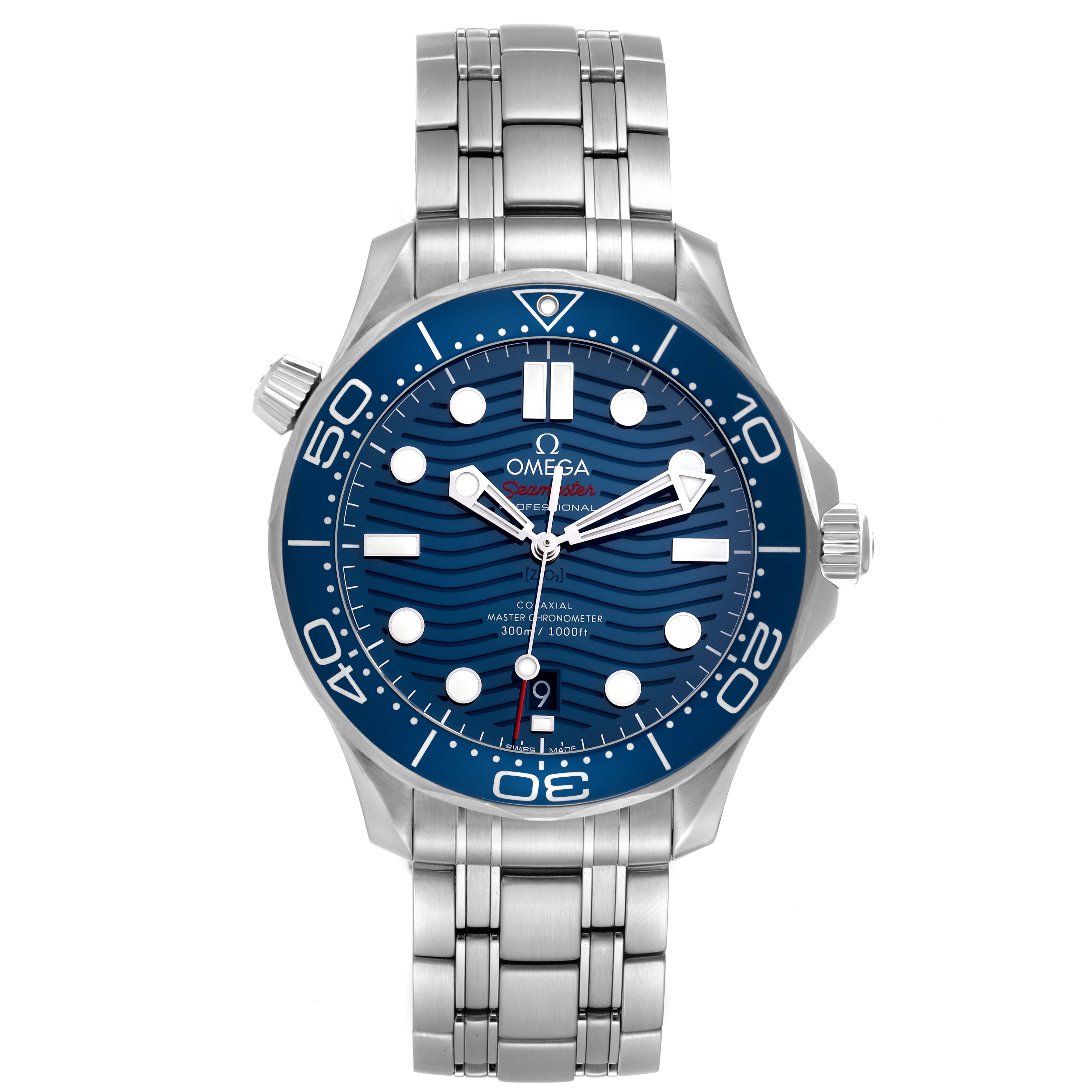 The Omega Seamaster 210.30.42.20.03.001 Men
s Stainless Steel Blue Dial 210.30.42.20.03.001 Men
s Stainless Steel Blue Dial watch is shown from a top-down angle, displaying the dial, bezel, crown, and stainless steel bracelet.