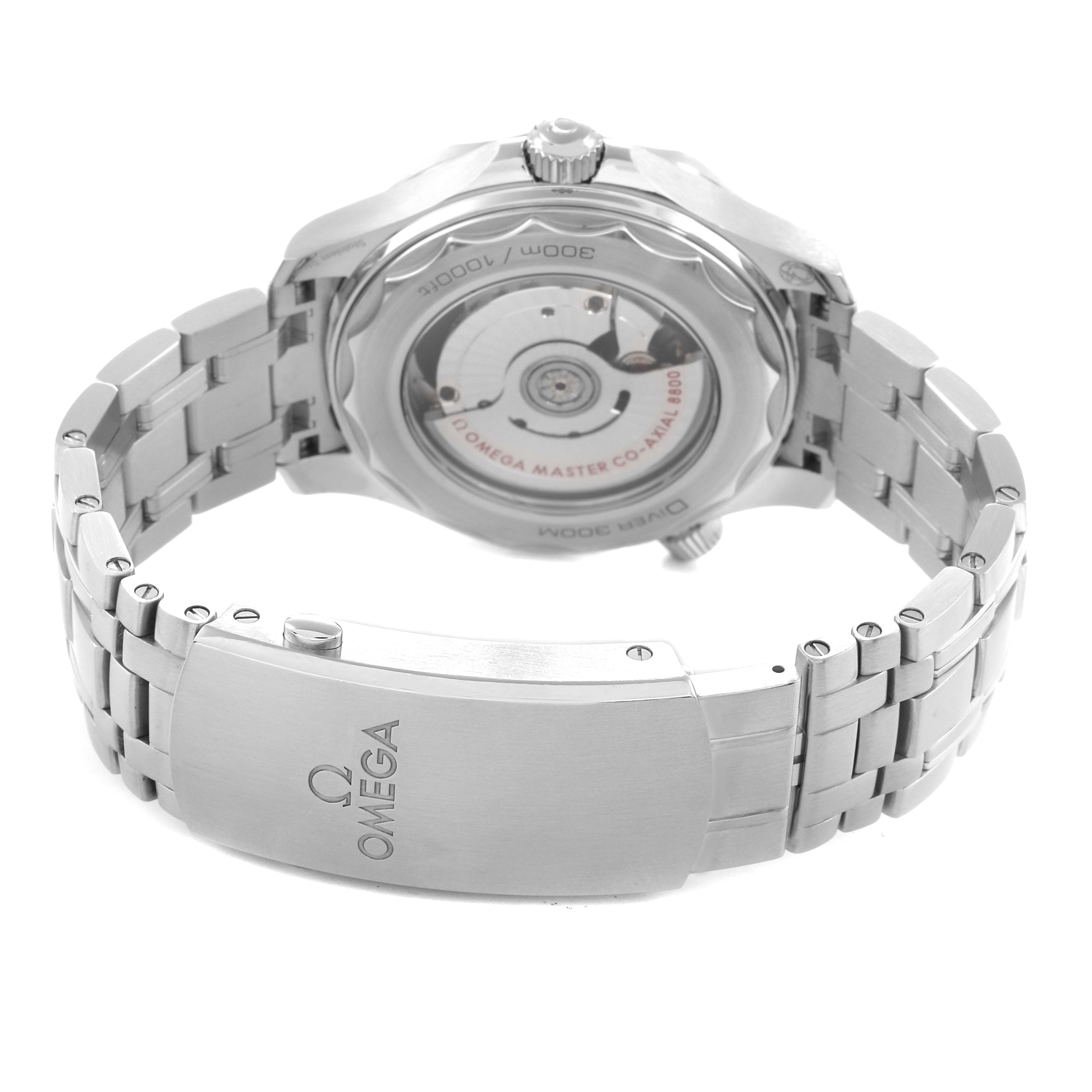 The Omega Seamaster 210.30.42.20.03.001 Men
s Stainless Steel Blue Dial 210.30.42.20.03.001 Men
s Stainless Steel Blue Dial watch is shown from the back, displaying its case back, crown, and metal bracelet with the clasp in focus.