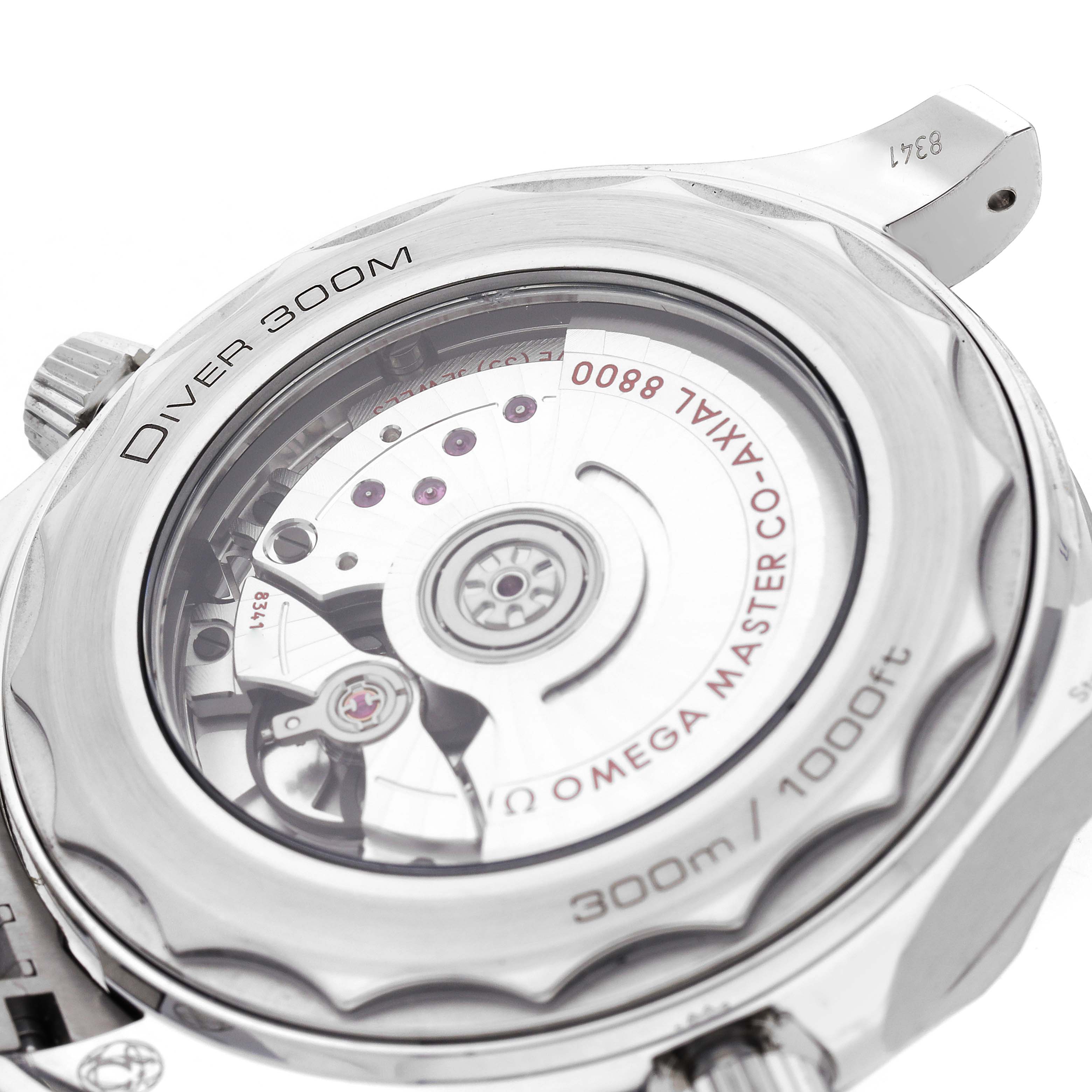 The image shows the back view of the Omega Seamaster 210.30.42.20.03.001 Men
s Stainless Steel Blue Dial 210.30.42.20.03.001 Men
s Stainless Steel Blue Dial watch, highlighting its open case back and movement.