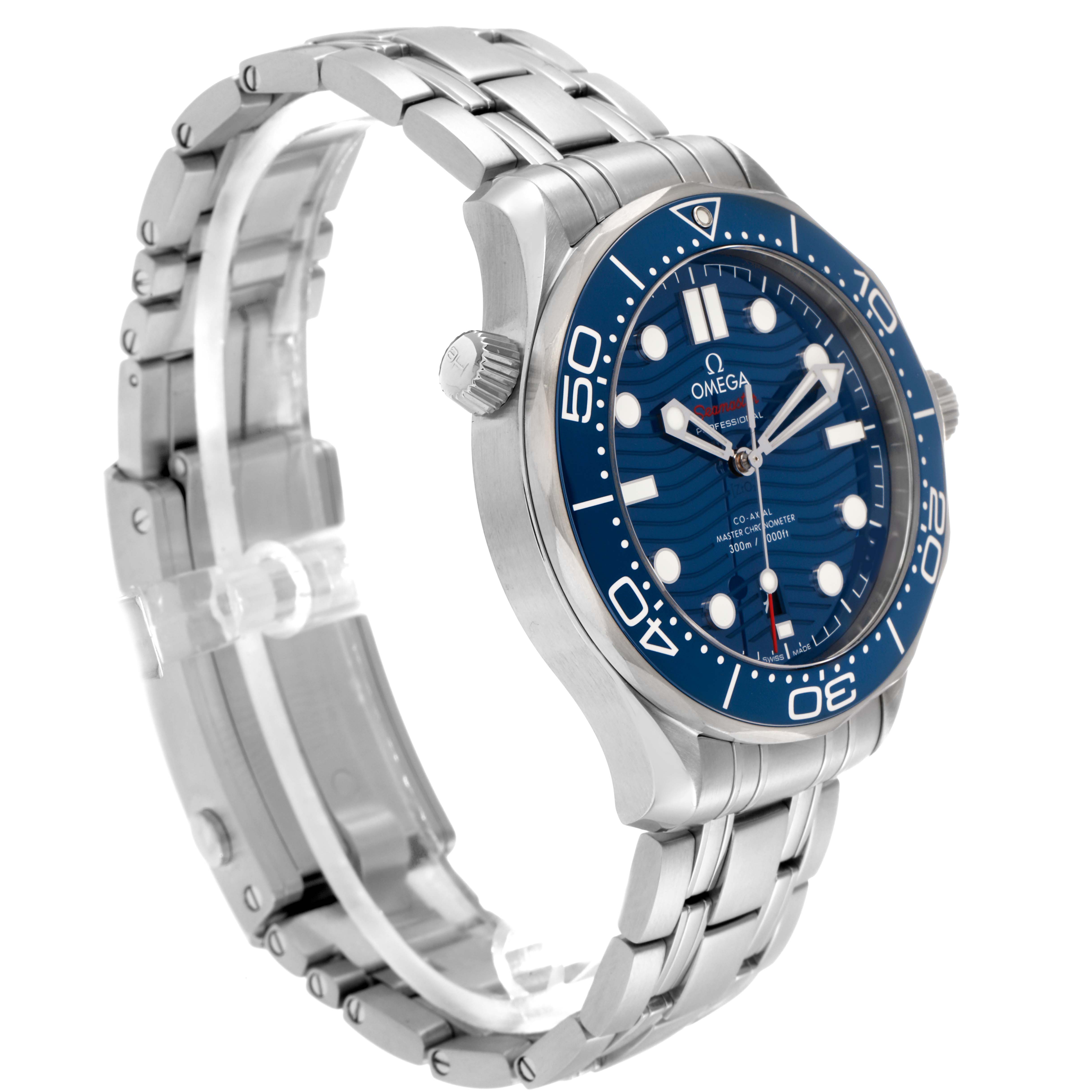 The Omega Seamaster 210.30.42.20.03.001 Men
s Stainless Steel Blue Dial 210.30.42.20.03.001 Men
s Stainless Steel Blue Dial watch is shown at an angled side view, displaying the bezel, dial, case, crown, and bracelet.