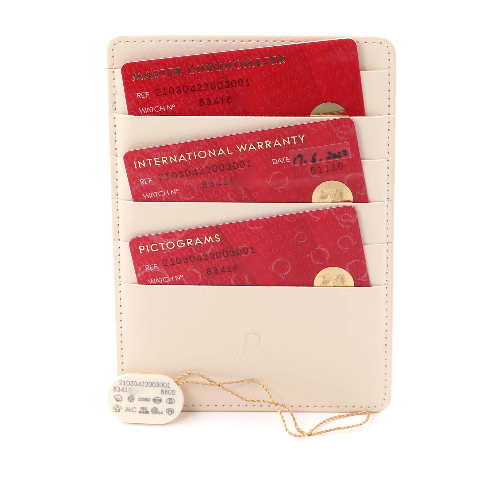 The image shows Omega Seamaster 210.30.42.20.03.001 Men
s Stainless Steel Blue Dial 210.30.42.20.03.001 Men
s Stainless Steel Blue Dial model cards and accessories, including certification and warranty cards.