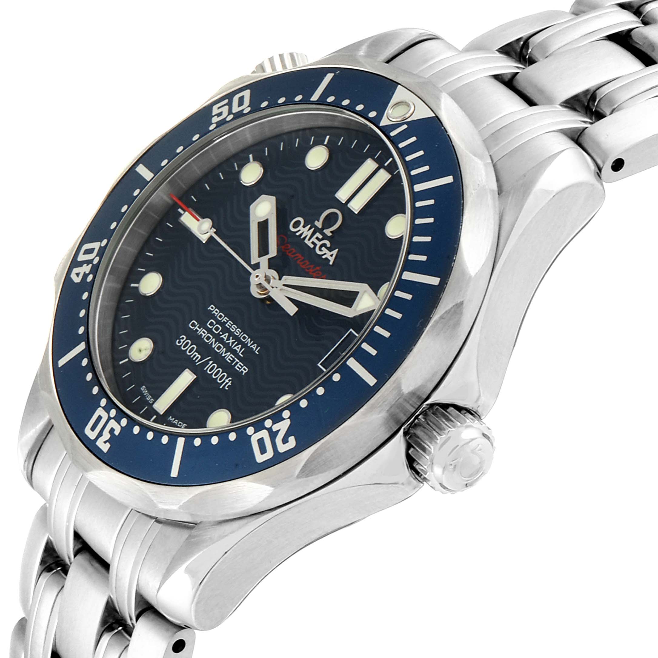 This image shows a side-front view of an Omega Seamaster 2222.80.00 Men
s Stainless Steel Blue Dial 2222.80.00 Men
s Stainless Steel Blue Dial watch, highlighting its face, bezel, and bracelet.