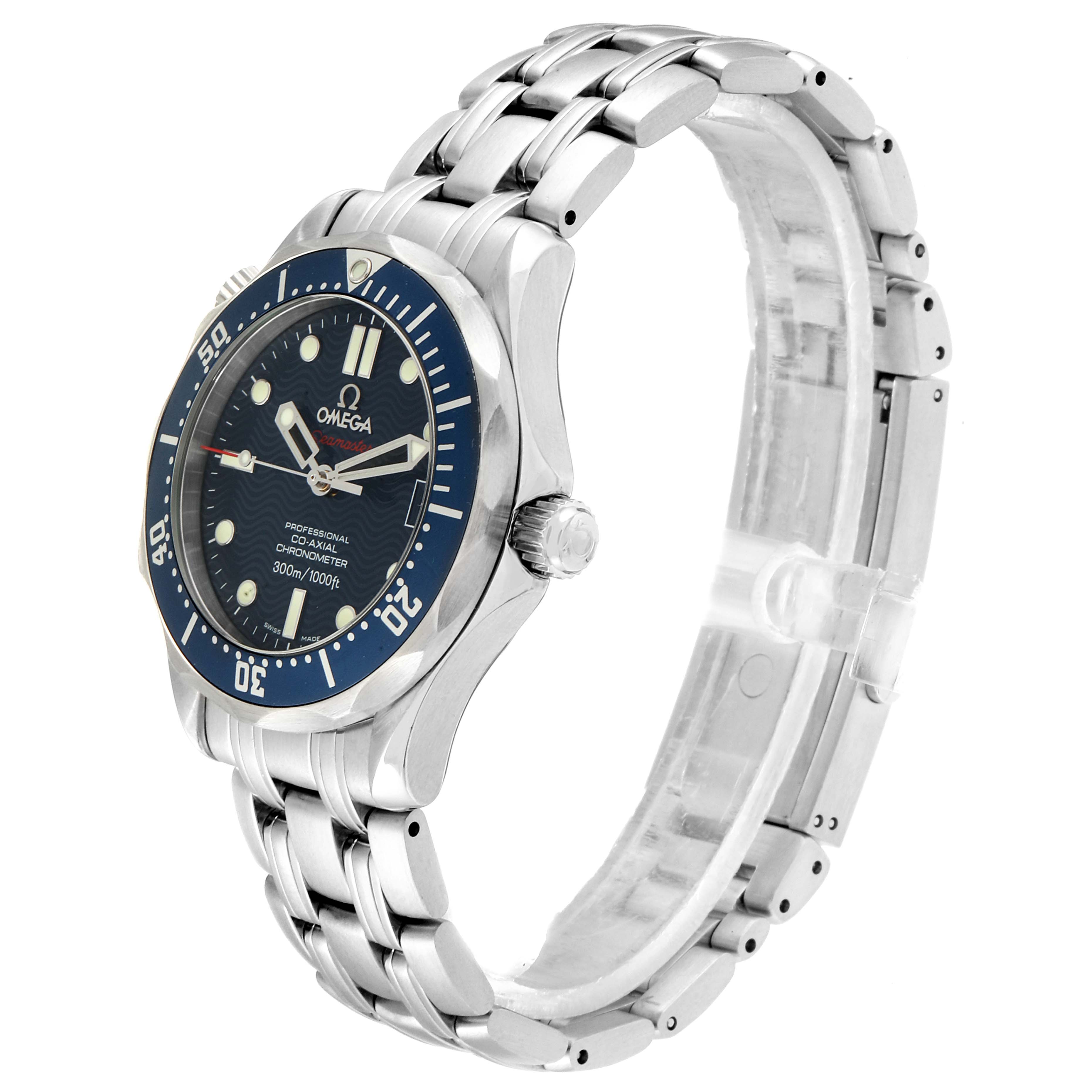 This image shows an angled view of the Omega Seamaster 2222.80.00 Men
s Stainless Steel Blue Dial 2222.80.00 Men
s Stainless Steel Blue Dial watch, highlighting the face, bezel, crown, and stainless steel bracelet.