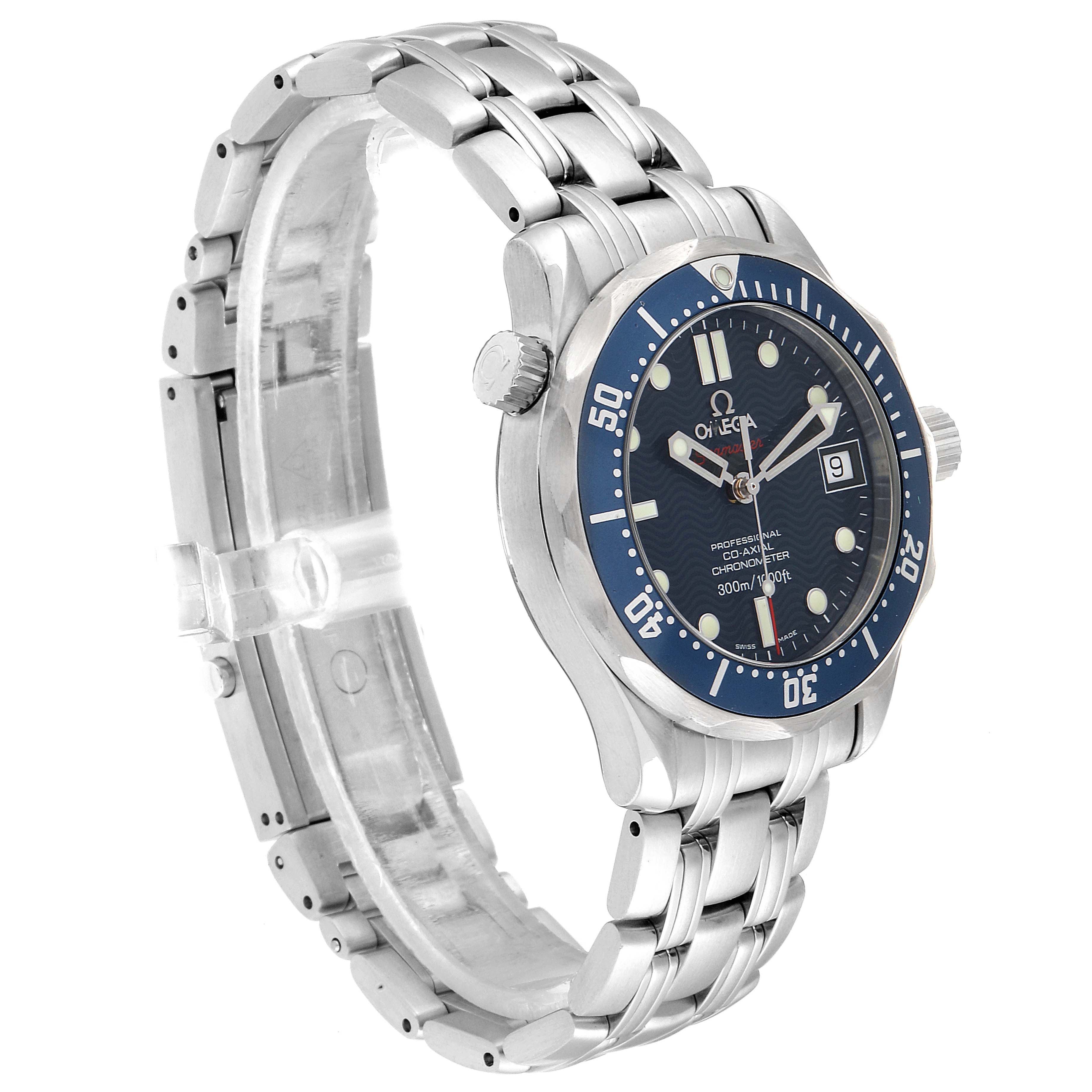 This image shows a side angle of the Omega Seamaster 2222.80.00 Men
s Stainless Steel Blue Dial 2222.80.00 Men
s Stainless Steel Blue Dial watch, highlighting the blue dial, bezel, and stainless steel bracelet.