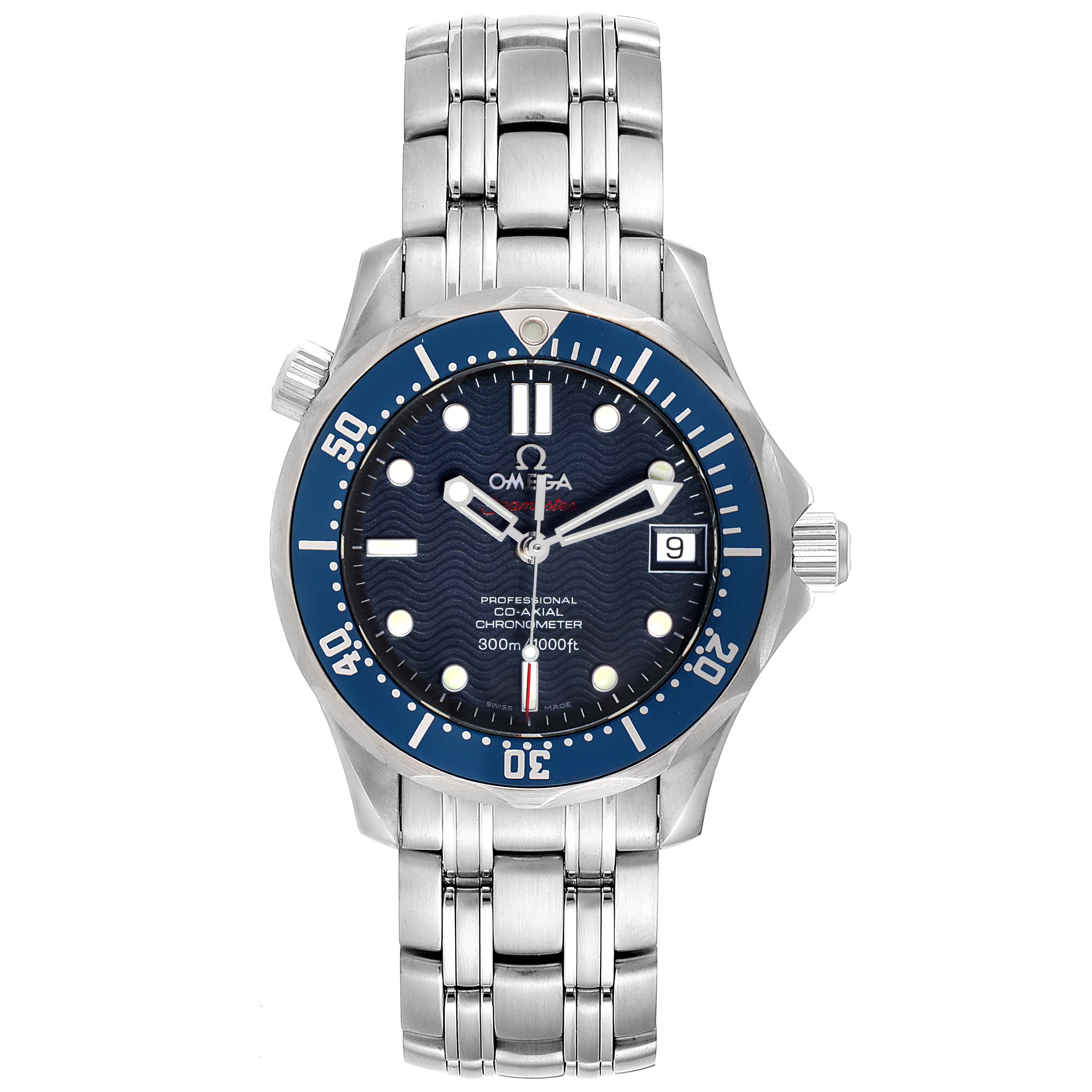 The Omega Seamaster 2222.80.00 Men
s Stainless Steel Blue Dial 2222.80.00 Men
s Stainless Steel Blue Dial watch is shown from a top-down angle, displaying its face, bezel, and metal bracelet.