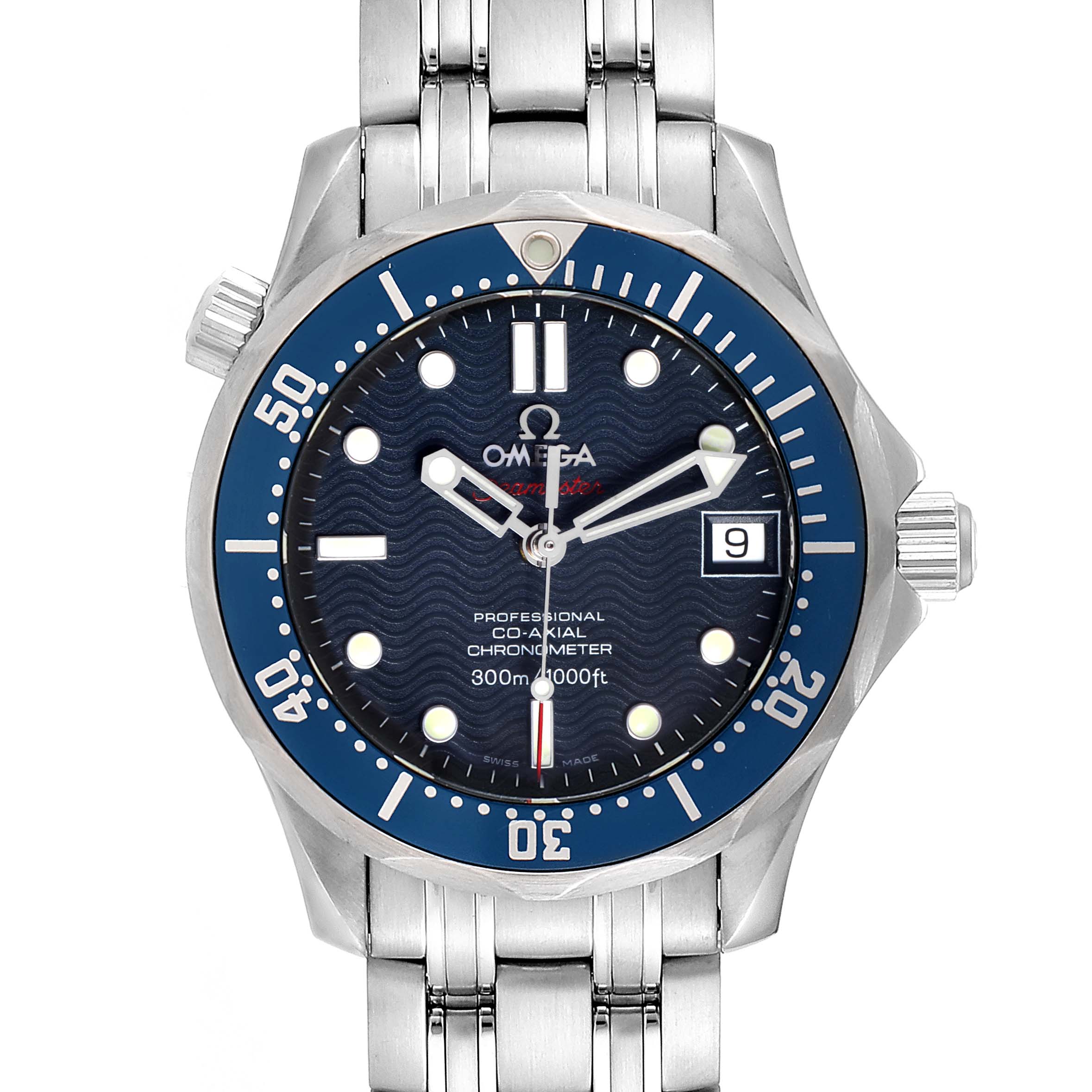 The image shows a front view of an Omega Seamaster 2222.80.00 Men
s Stainless Steel Blue Dial 2222.80.00 Men
s Stainless Steel Blue Dial watch, highlighting the dial, bezel, and part of the bracelet.