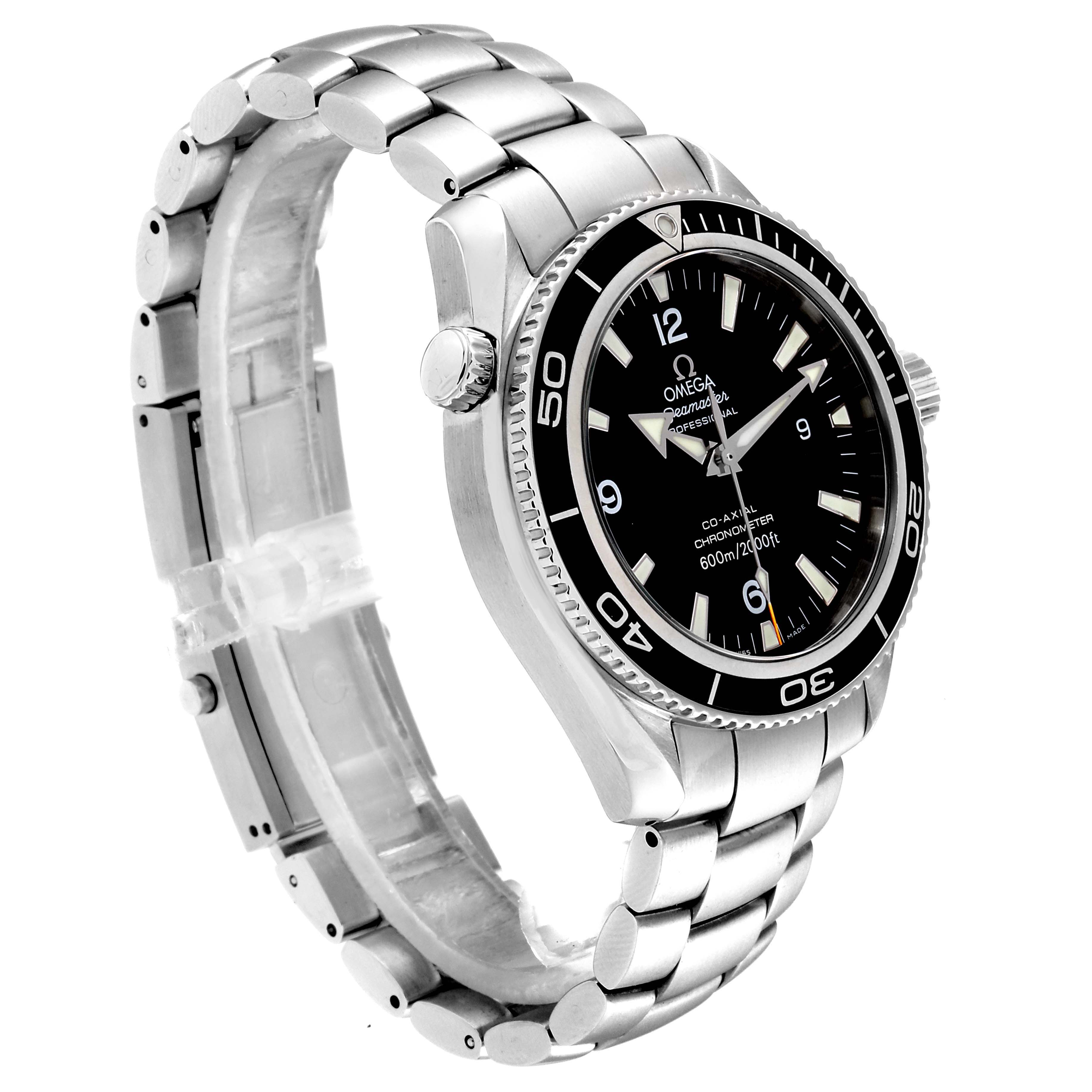 The Omega Planet Ocean 2201.50.00 Men
s Stainless Steel Black Dial 2201.50.00 Men
s Stainless Steel Black Dial watch is shown at a side angle, displaying the face, bezel, crown, and metal bracelet.