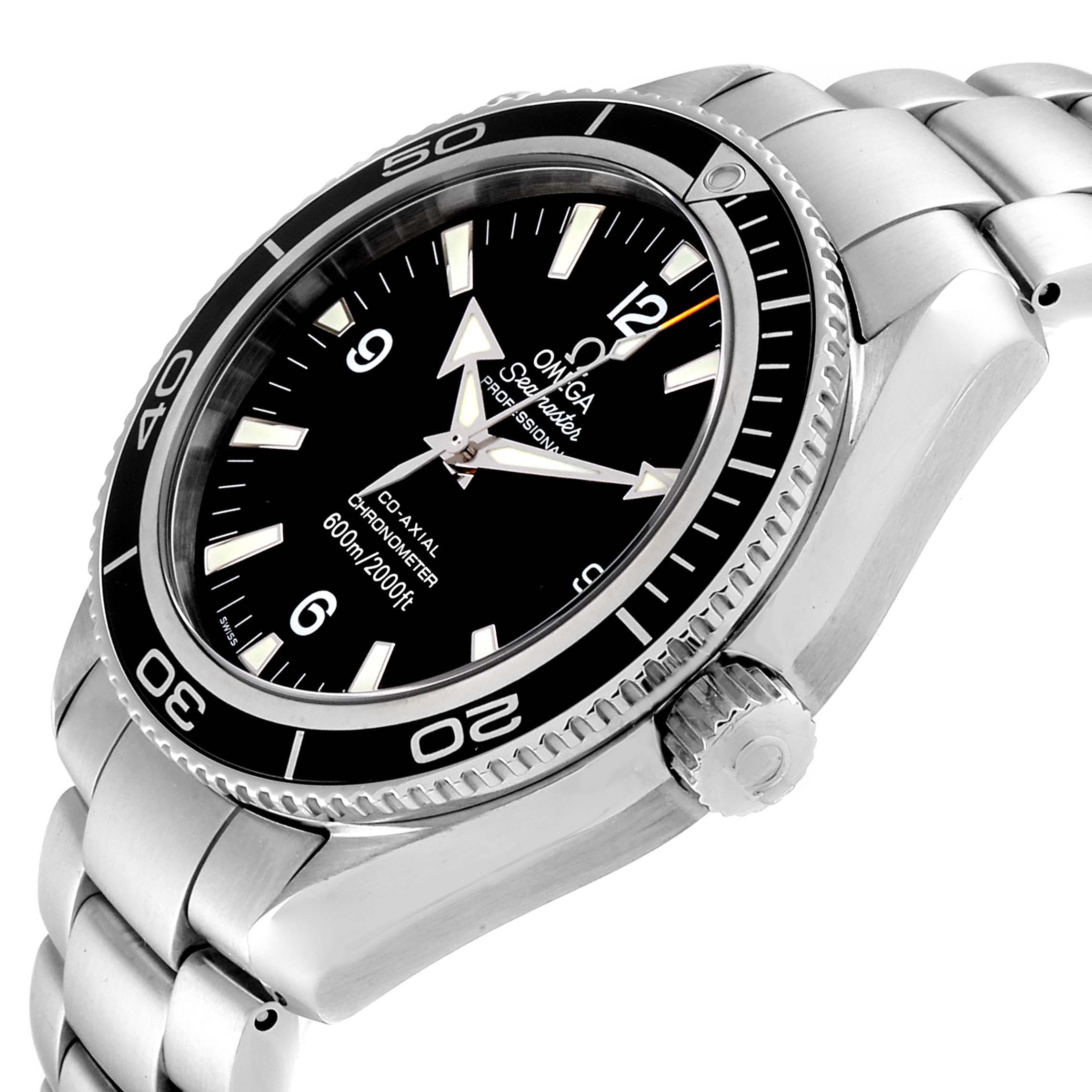 The image shows a side angle of the Omega Planet Ocean 2201.50.00 Men
s Stainless Steel Black Dial 2201.50.00 Men
s Stainless Steel Black Dial watch, highlighting the bezel, crown, and part of the bracelet.