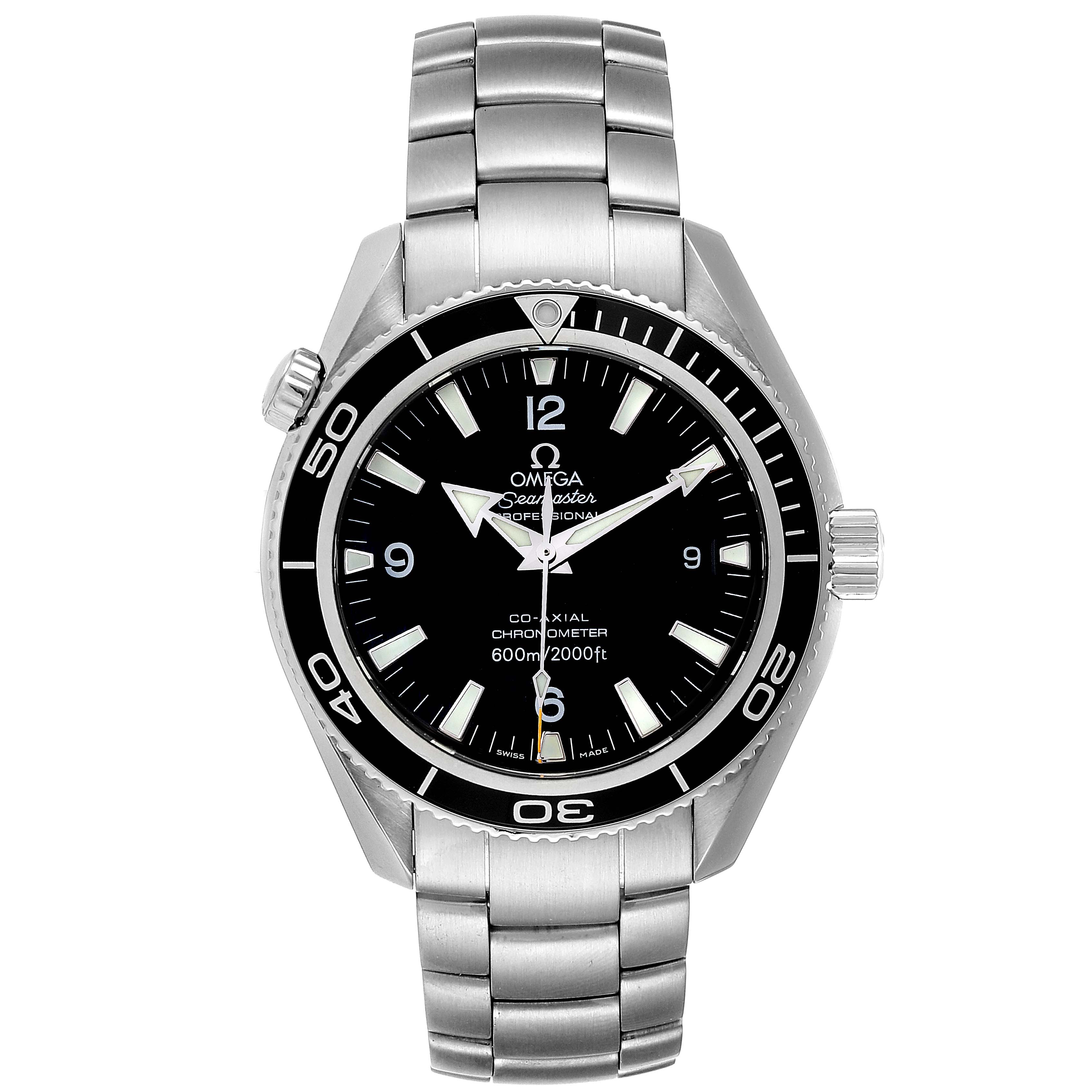 The image shows a front view of the Omega Planet Ocean 2201.50.00 Men
s Stainless Steel Black Dial 2201.50.00 Men
s Stainless Steel Black Dial Seamaster watch, featuring a stainless steel bracelet and black dial.