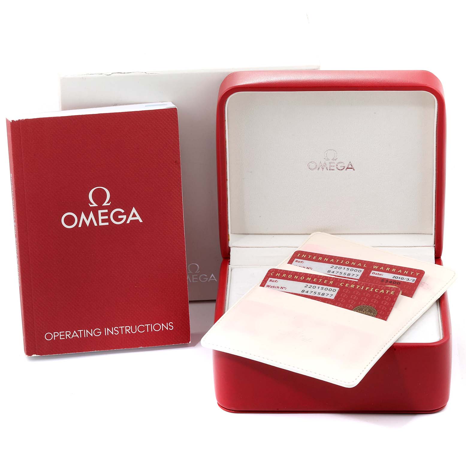 The image shows the Omega Planet Ocean 2201.50.00 Men
s Stainless Steel Black Dial 2201.50.00 Men
s Stainless Steel Black Dial watch
s packaging, including the box, operating instructions, and warranty cards.