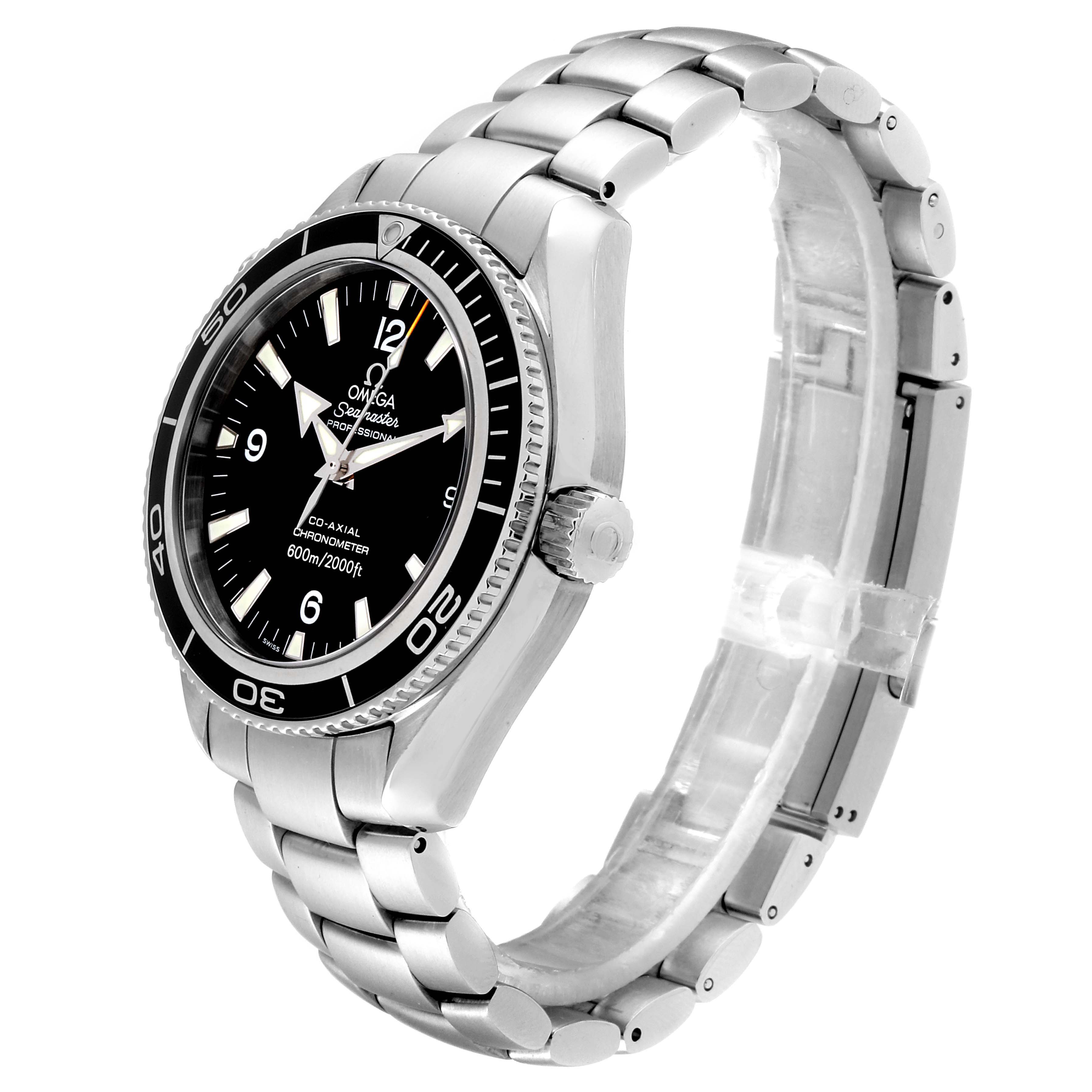 The image shows an angled side view of the Omega Planet Ocean 2201.50.00 Men
s Stainless Steel Black Dial 2201.50.00 Men
s Stainless Steel Black Dial watch, displaying the bracelet, case, bezel, and crown.