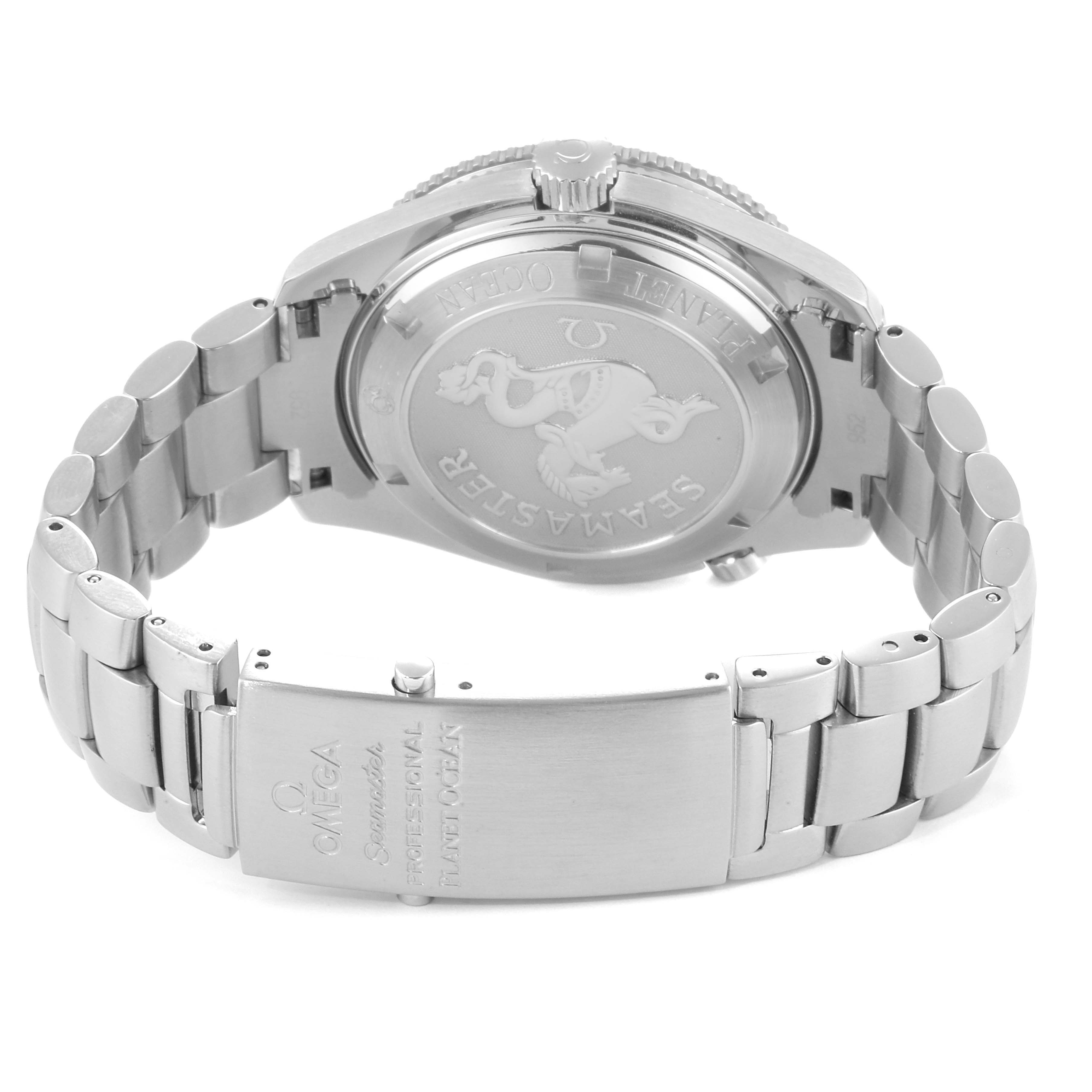 The image shows the back view of an Omega Seamaster Planet Ocean watch, highlighting its clasp, bracelet, and case back.