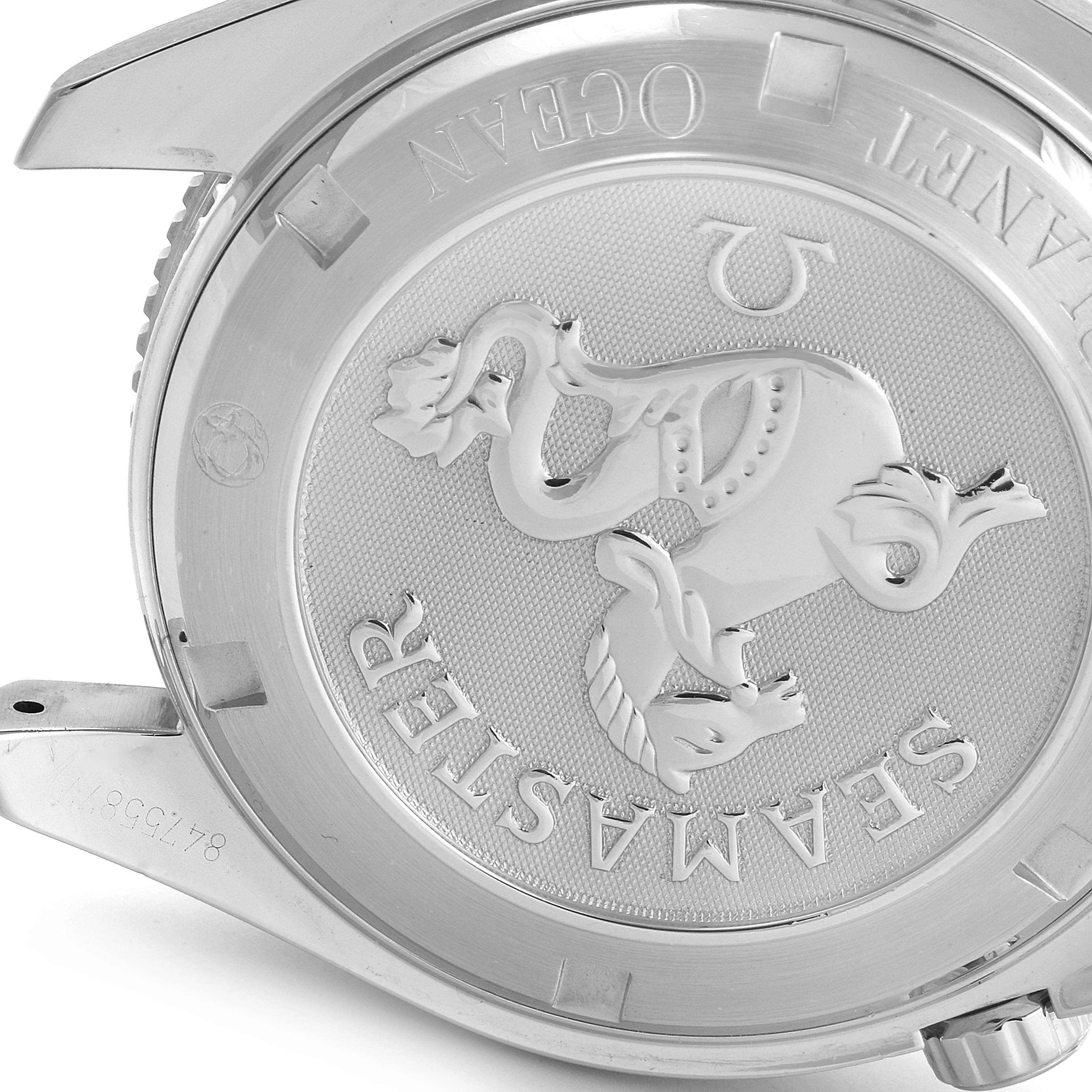 The image shows the back case of an Omega Planet Ocean 2201.50.00 Men
s Stainless Steel Black Dial 2201.50.00 Men
s Stainless Steel Black Dial watch, featuring the Seamaster emblem.