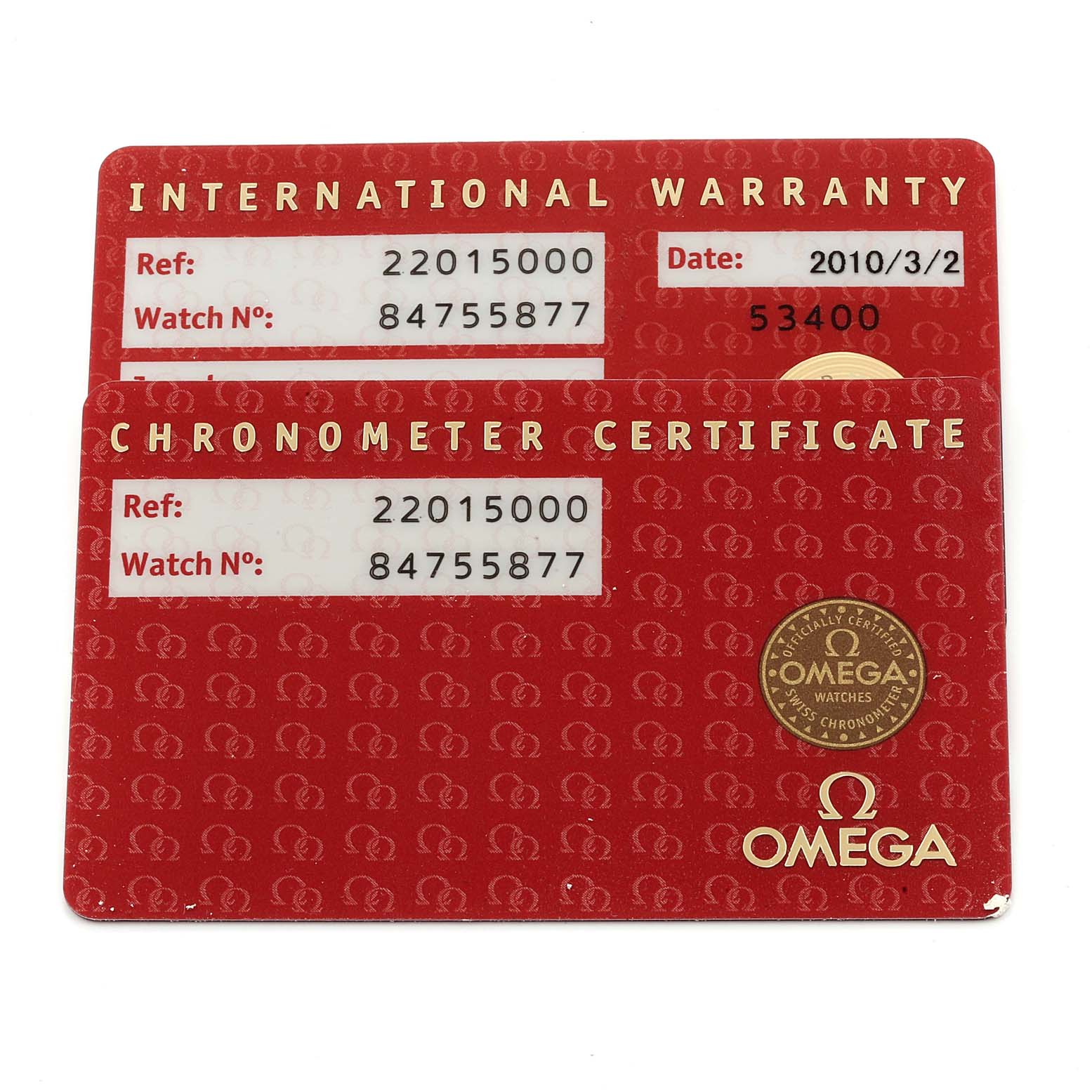 The image shows the International Warranty and Chronometer Certificate cards for an Omega Planet Ocean 2201.50.00 Men
s Stainless Steel Black Dial 2201.50.00 Men
s Stainless Steel Black Dial watch.