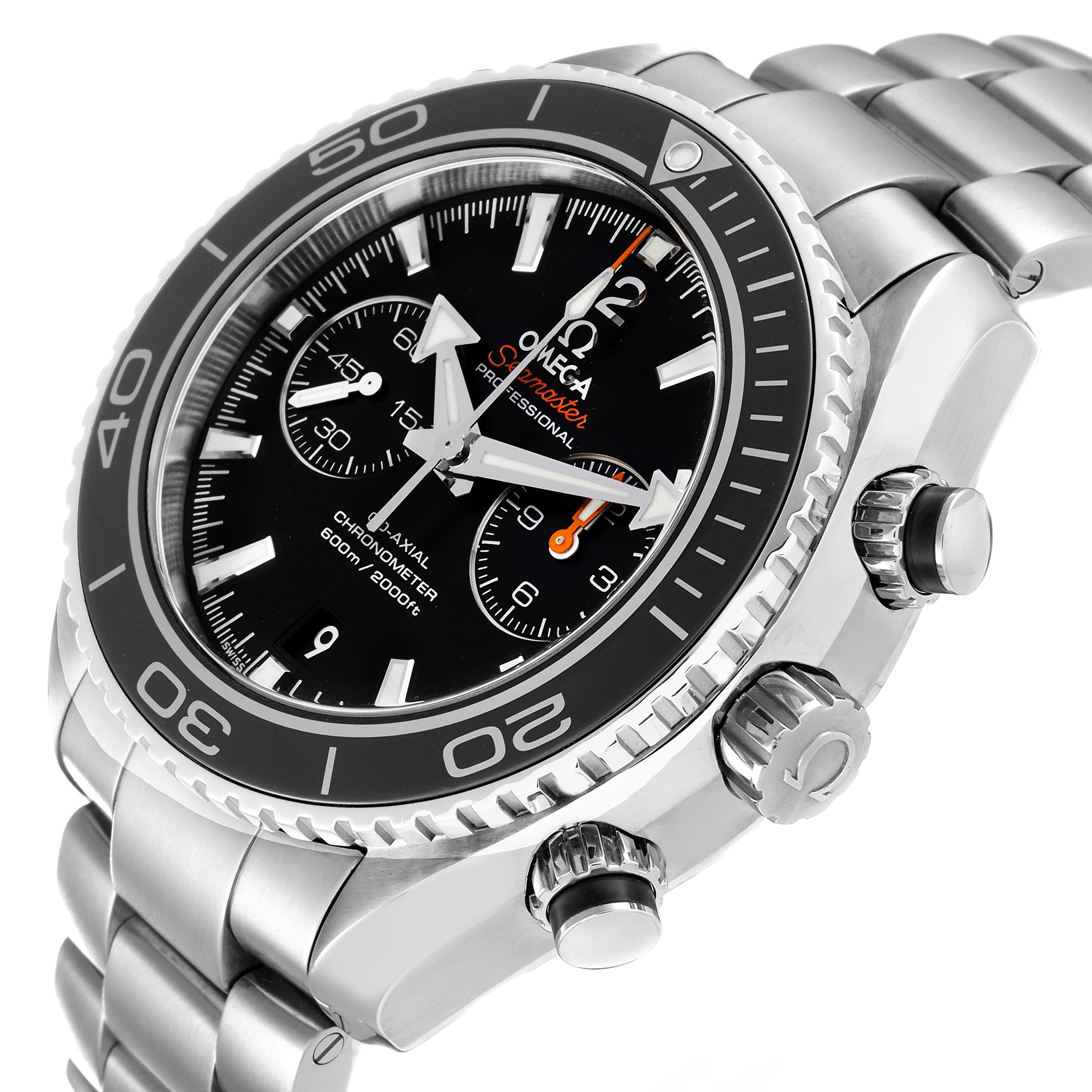 The image shows a close-up angled view of the Omega Planet Ocean 232.30.46.51.01.001 Men
s Stainless Steel Black Dial 232.30.46.51.01.001 Men
s Stainless Steel Black Dial watch, highlighting its face, bezel, crown, and stainless steel bracelet.