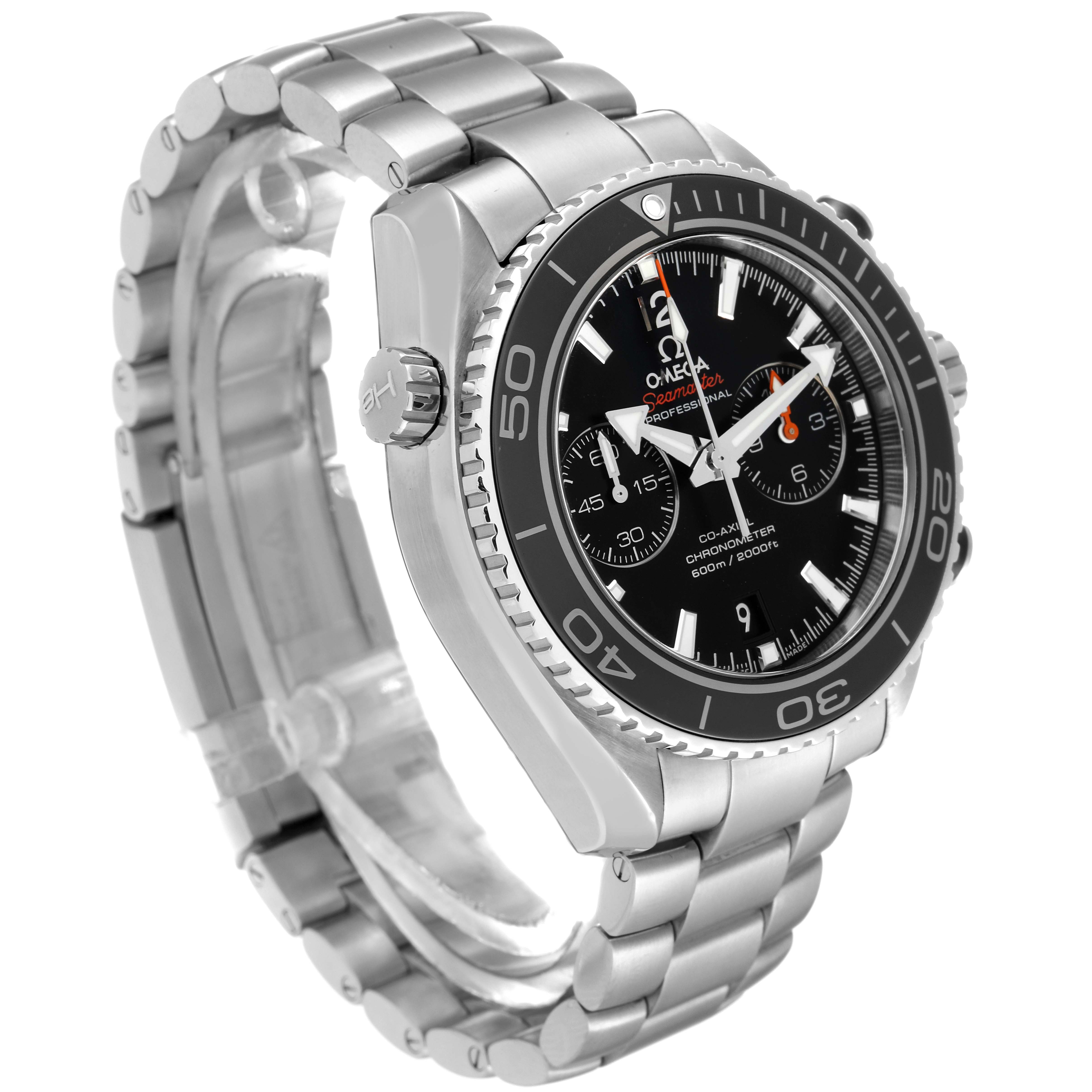 The image shows a side angle of the Omega Planet Ocean 232.30.46.51.01.001 Men
s Stainless Steel Black Dial 232.30.46.51.01.001 Men
s Stainless Steel Black Dial model, highlighting the watch face, bezel, and stainless steel bracelet.