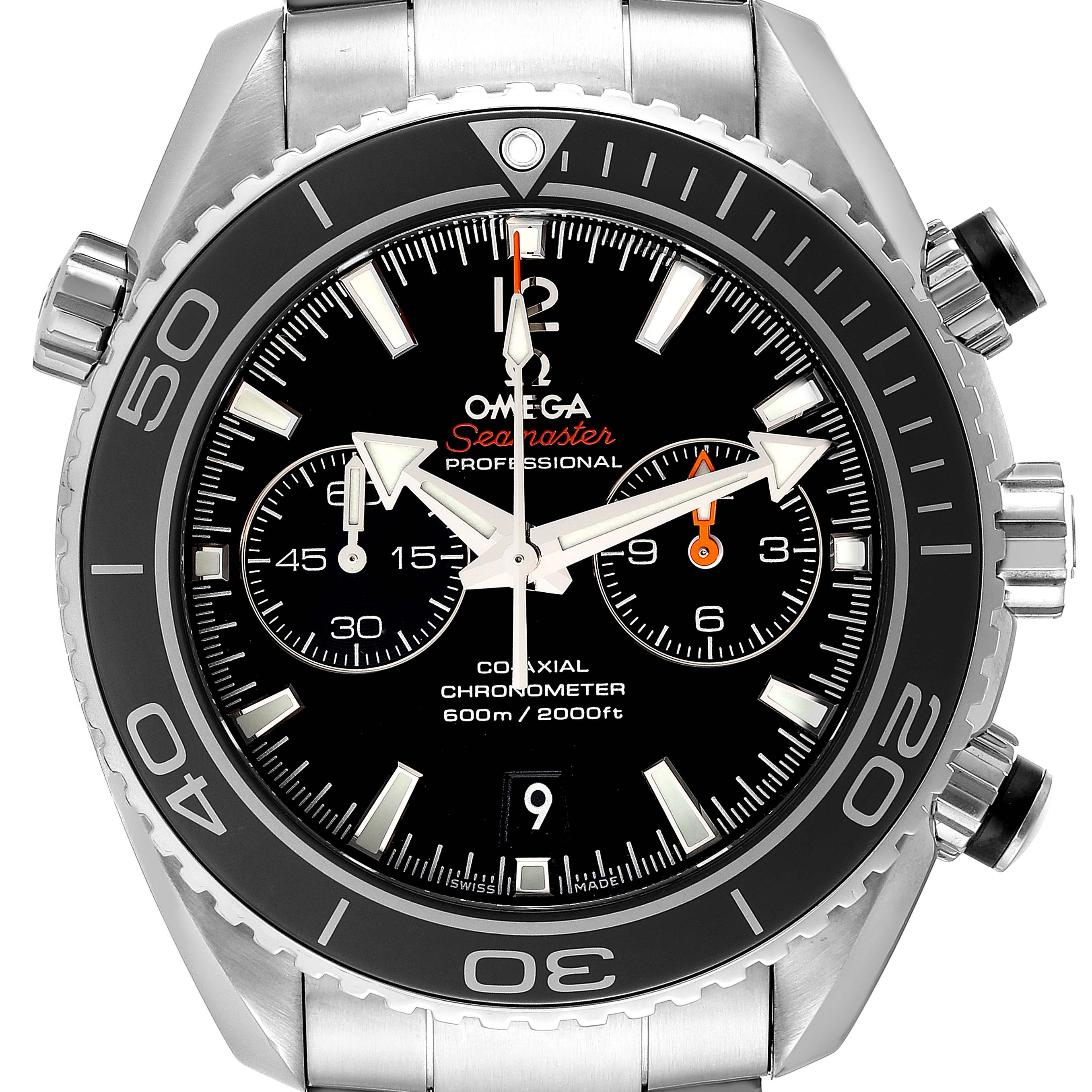 The image shows a front view of an Omega Planet Ocean 232.30.46.51.01.001 Men
s Stainless Steel Black Dial 232.30.46.51.01.001 Men
s Stainless Steel Black Dial watch, displaying the dial, bezel, crown, and chronograph buttons.