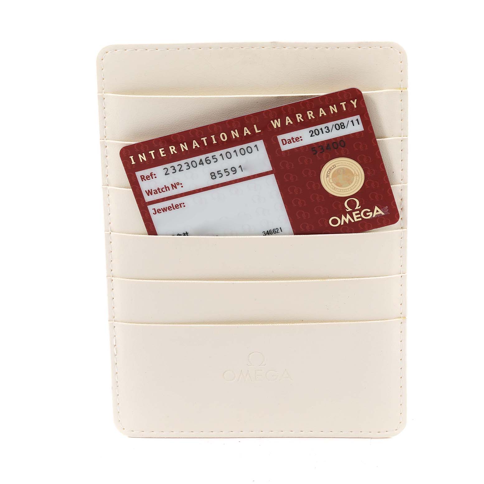 This image shows an Omega Planet Ocean 232.30.46.51.01.001 Men
s Stainless Steel Black Dial 232.30.46.51.01.001 Men
s Stainless Steel Black Dial watch
s International Warranty card in a white cardholder.