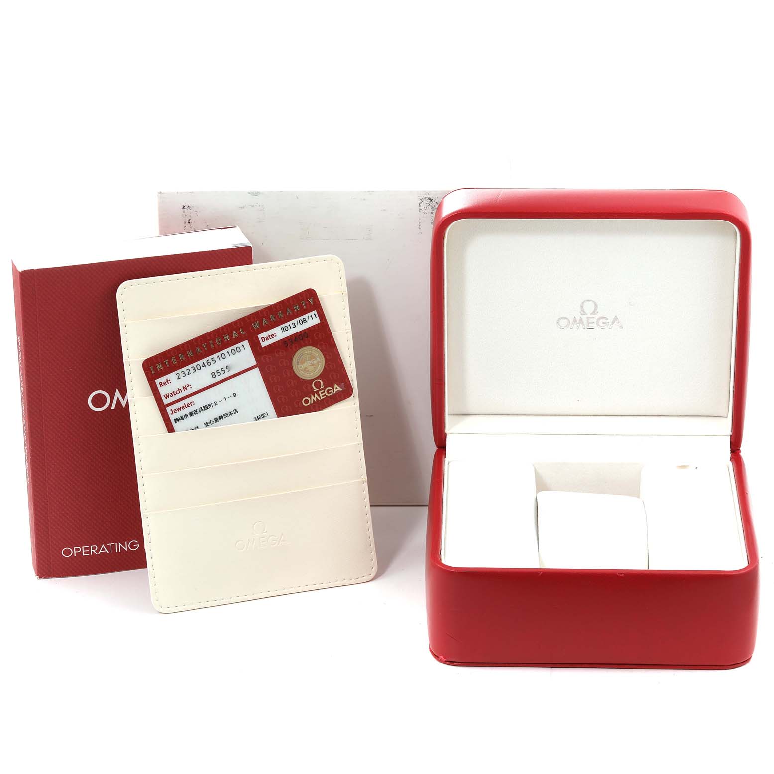 The image shows an Omega Planet Ocean 232.30.46.51.01.001 Men
s Stainless Steel Black Dial 232.30.46.51.01.001 Men
s Stainless Steel Black Dial watch box, warranty card, a leather cardholder, and an operating manual.