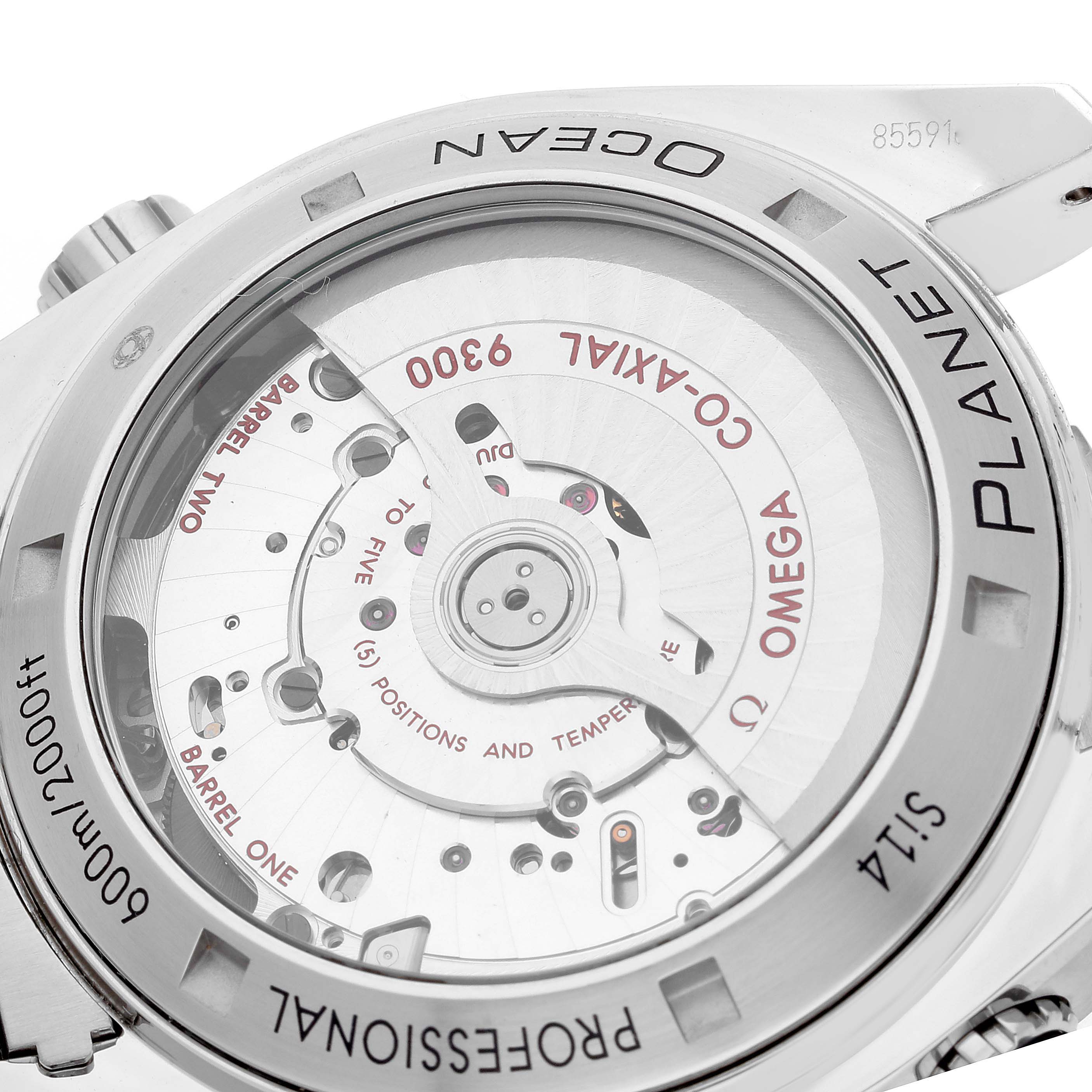 The image shows the back view of an Omega Planet Ocean 232.30.46.51.01.001 Men
s Stainless Steel Black Dial 232.30.46.51.01.001 Men
s Stainless Steel Black Dial watch, highlighting the internal mechanism and "Co-Axial 9300" markings.