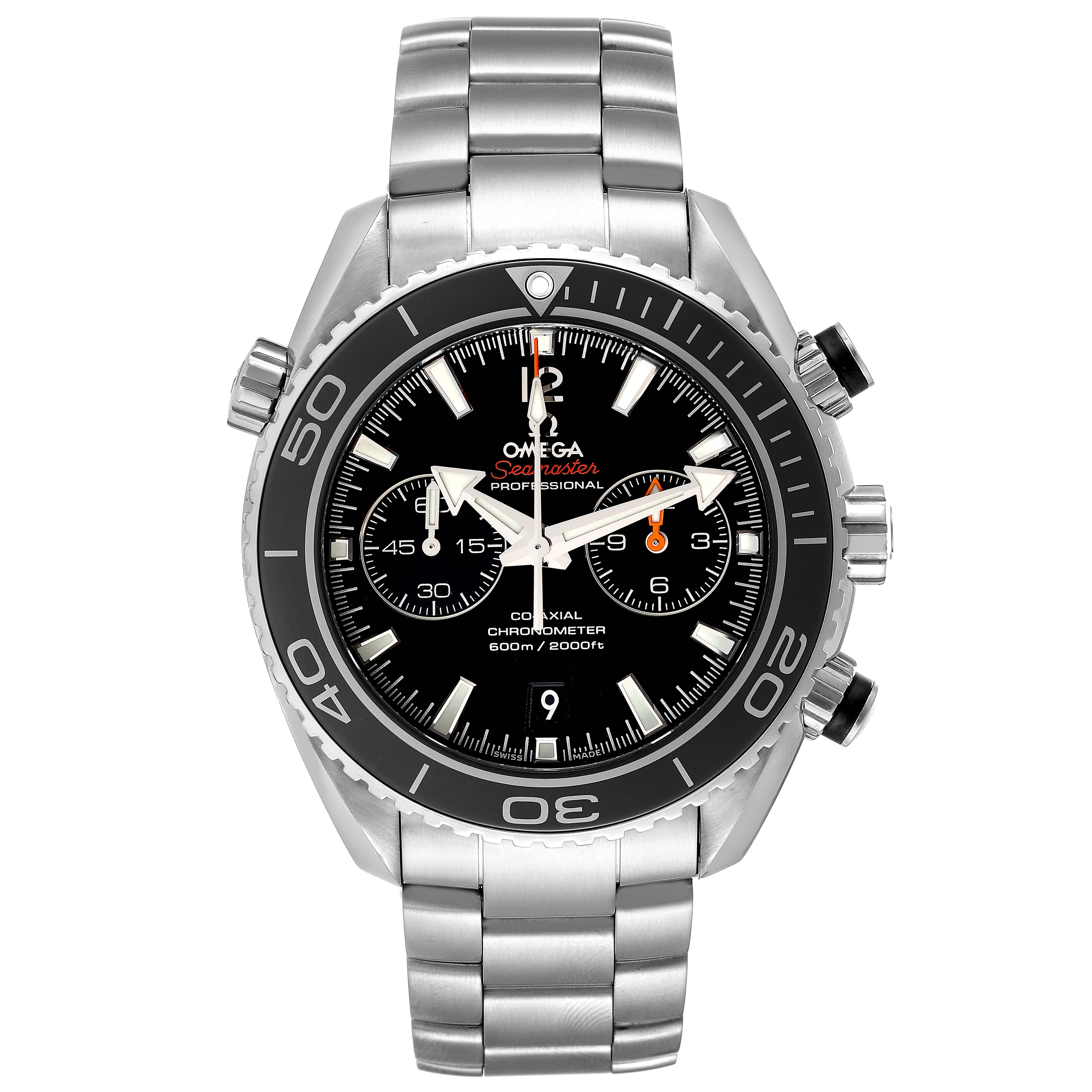 The image shows a front view of the Omega Planet Ocean 232.30.46.51.01.001 Men
s Stainless Steel Black Dial 232.30.46.51.01.001 Men
s Stainless Steel Black Dial model, showcasing the dial, bezel, and bracelet.