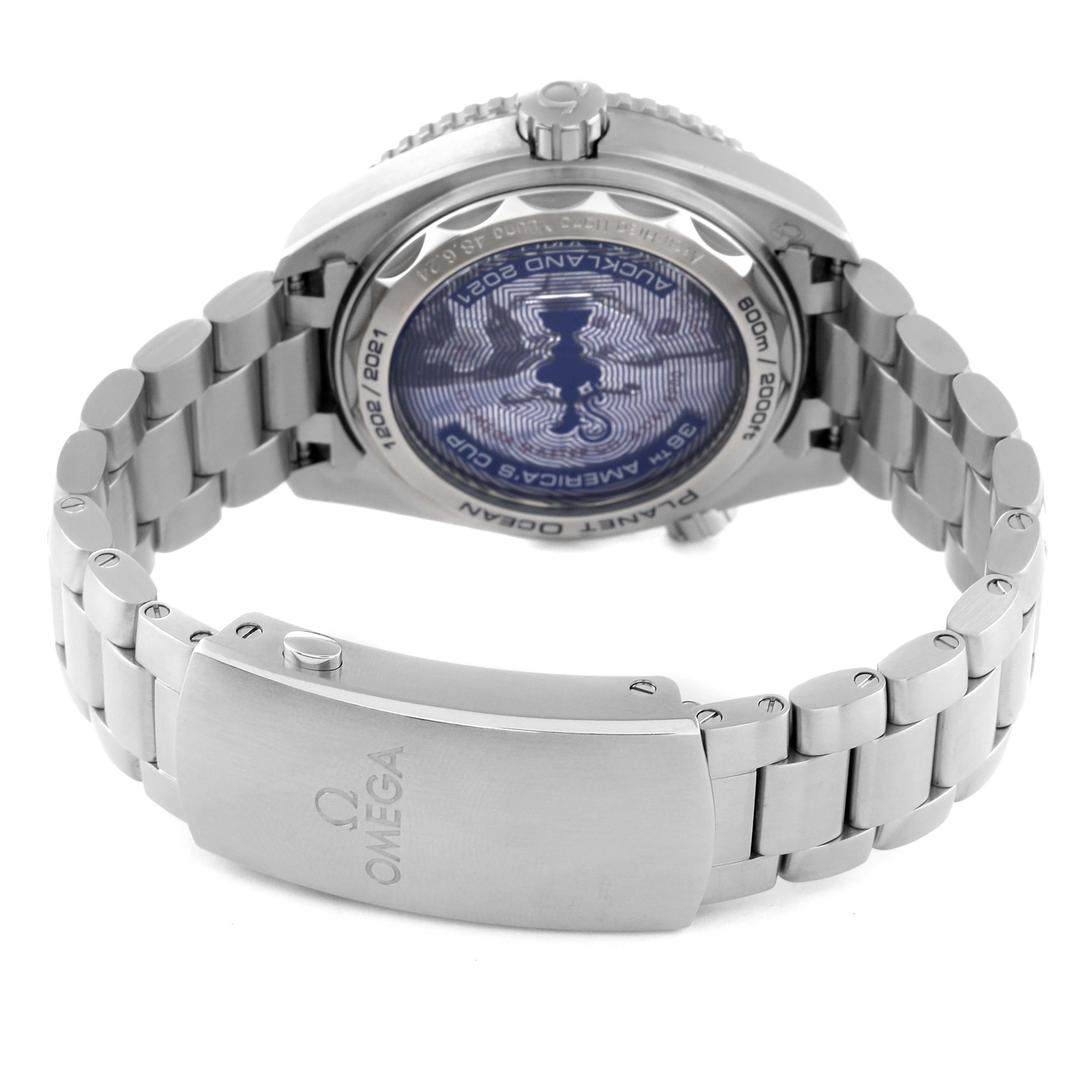 The image shows the back case and stainless steel bracelet of the Omega Planet Ocean 215.32.43.21.04.001 Men's Stainless Steel White Dial 215.32.43.21.04.001 Men's Stainless Steel White Dial watch from a rear angle.