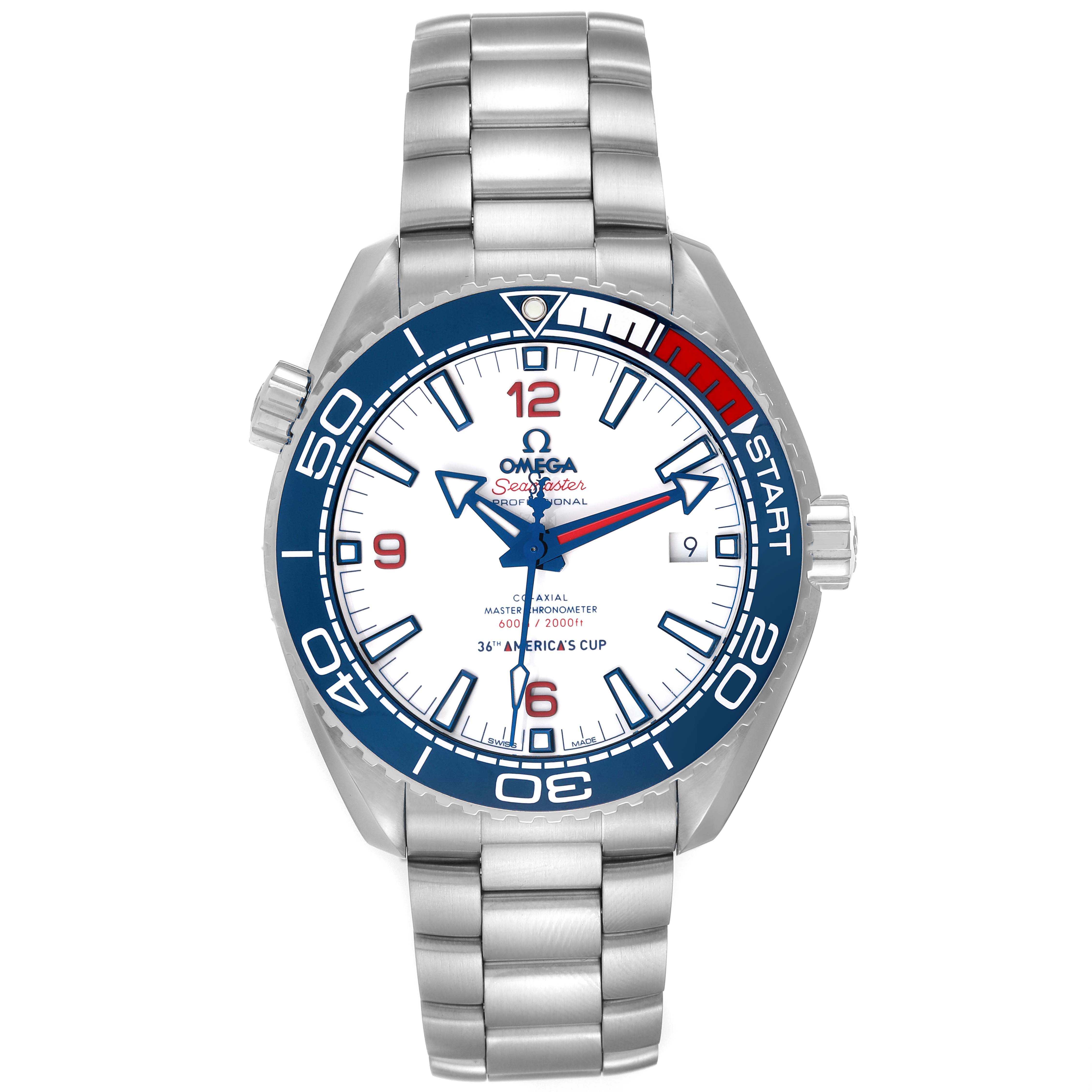 The Omega Planet Ocean 215.32.43.21.04.001 Men's Stainless Steel White Dial 215.32.43.21.04.001 Men's Stainless Steel White Dial model watch is shown from a front angle, displaying the watch face and stainless steel bracelet.