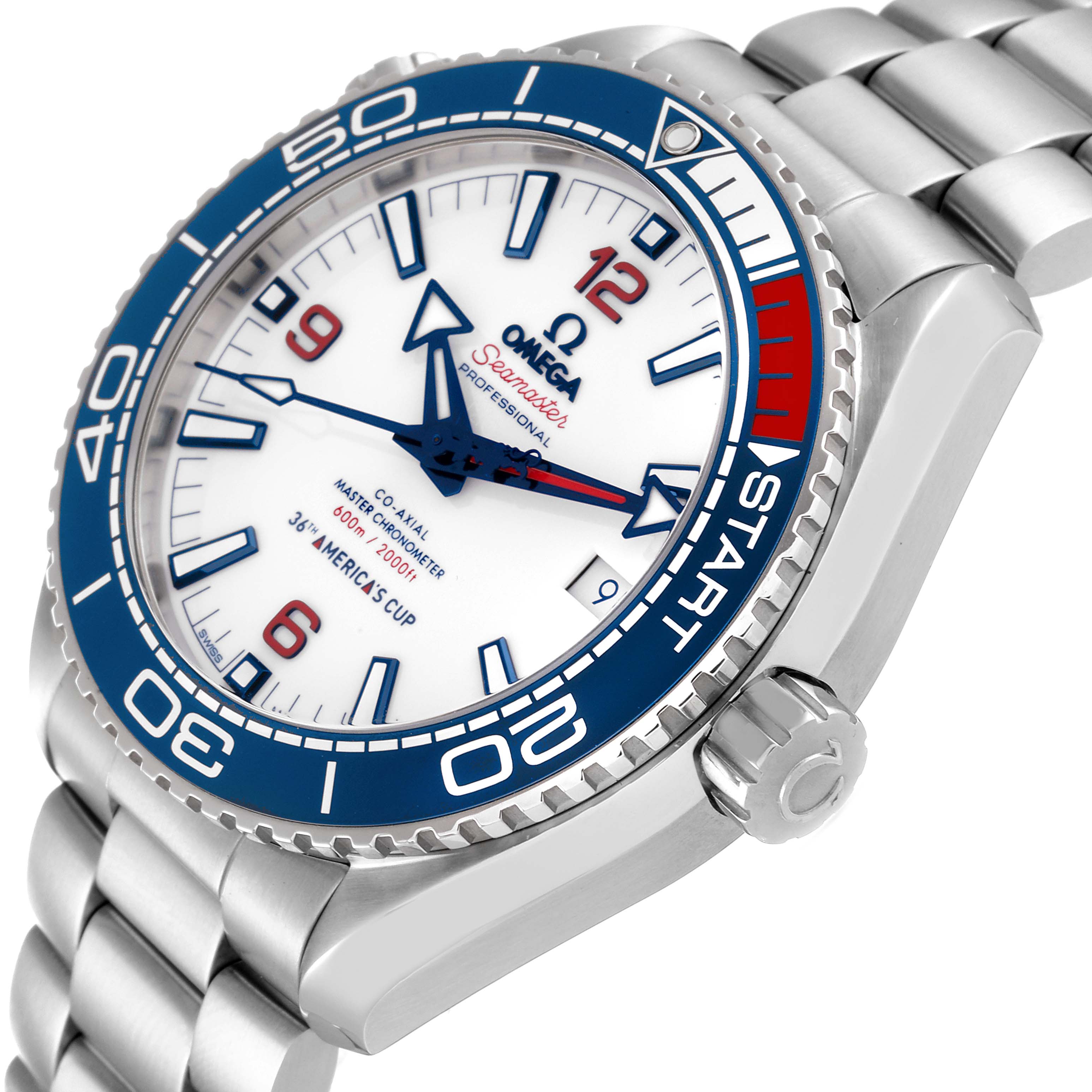 The image shows an angled view of the Omega Planet Ocean 215.32.43.21.04.001 Men's Stainless Steel White Dial 215.32.43.21.04.001 Men's Stainless Steel White Dial watch, highlighting the bezel, dial, crown, and bracelet.