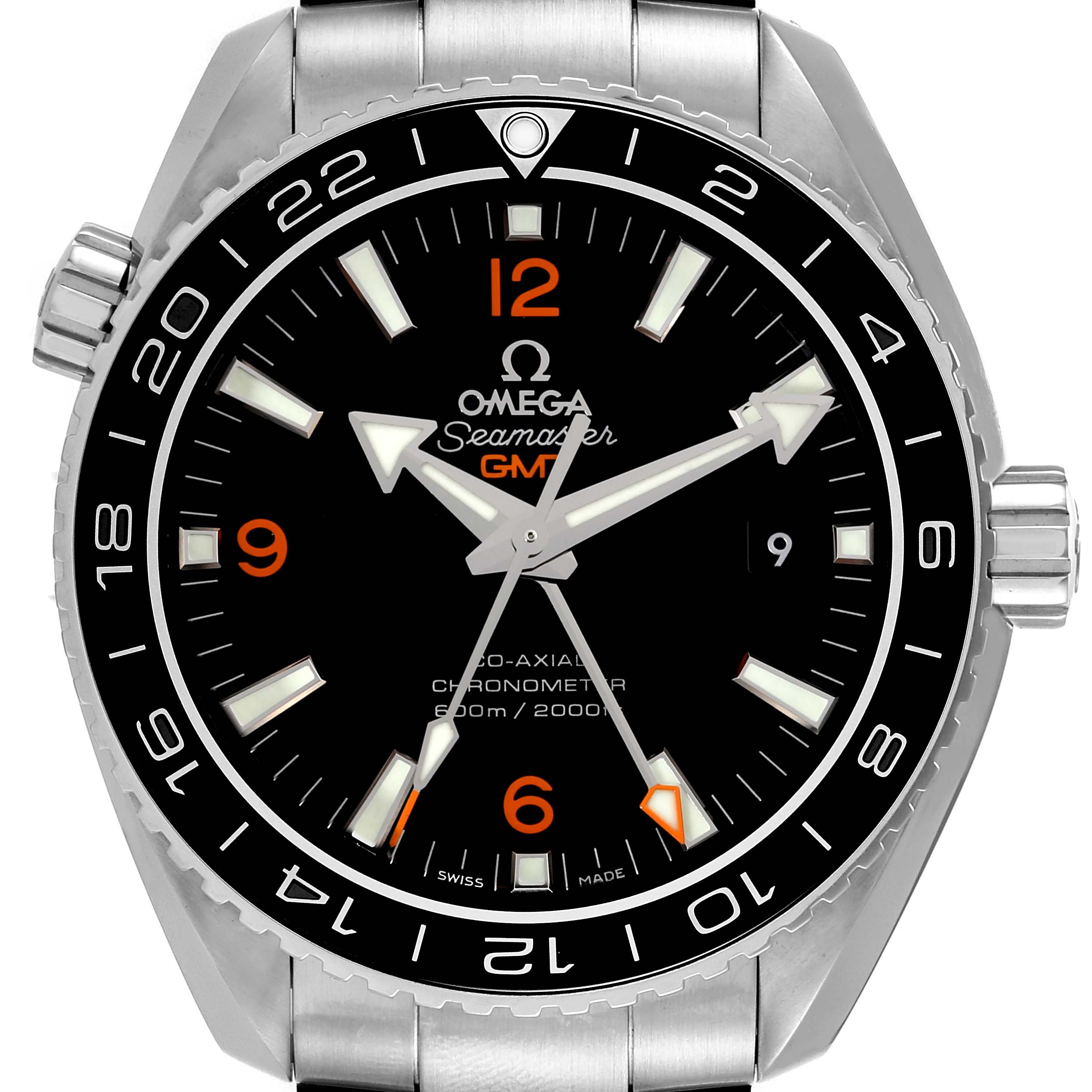 The image shows a front view of the Omega Planet Ocean 232.30.44.22.01.002 Men
s Stainless Steel Black Dial 232.30.44.22.01.002 Men
s Stainless Steel Black Dial Seamaster GMT watch, displaying the dial and bezel clearly.