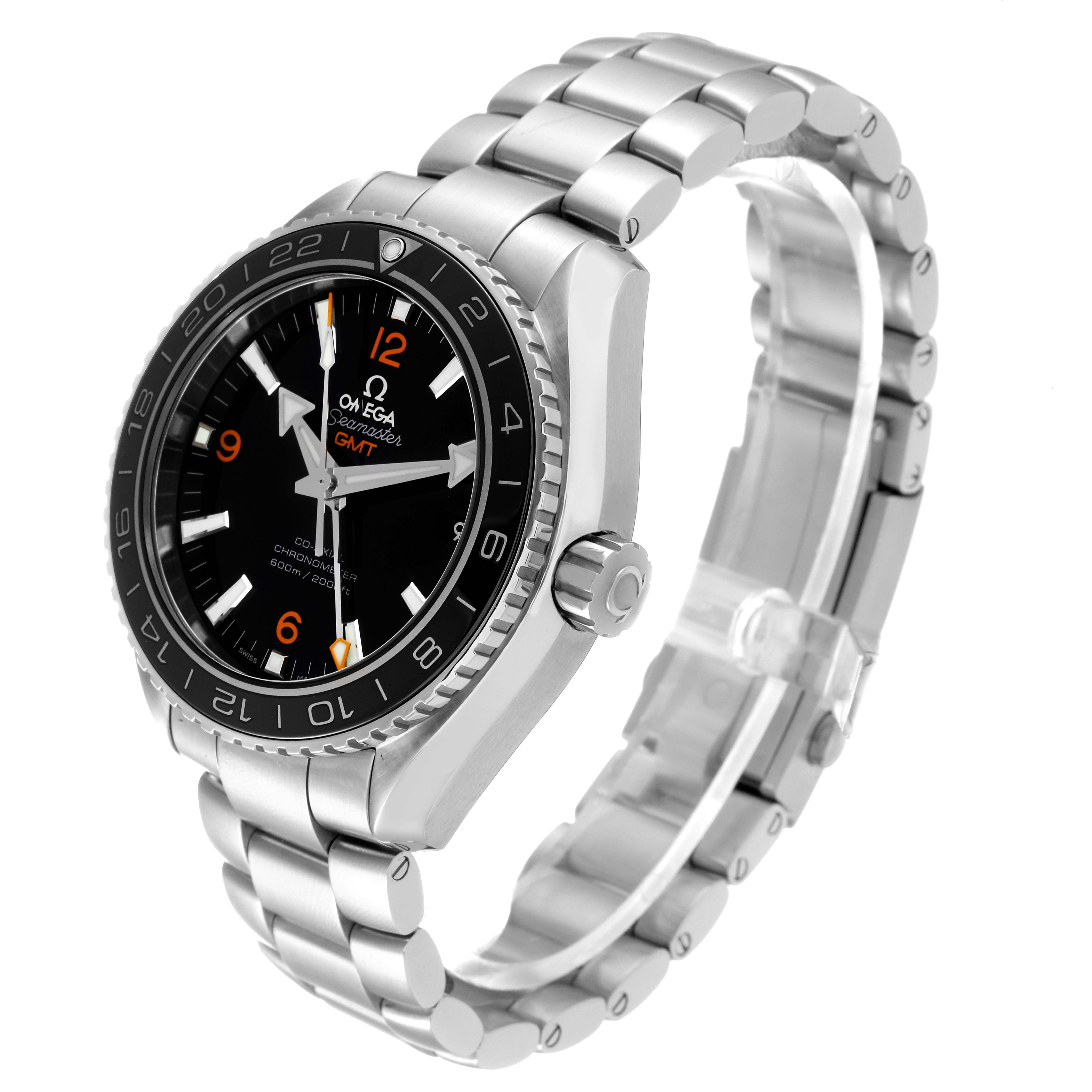 The Omega Planet Ocean 232.30.44.22.01.002 Men
s Stainless Steel Black Dial 232.30.44.22.01.002 Men
s Stainless Steel Black Dial watch is shown at a three-quarter angle, highlighting the bezel, dial, crown, and metal bracelet.