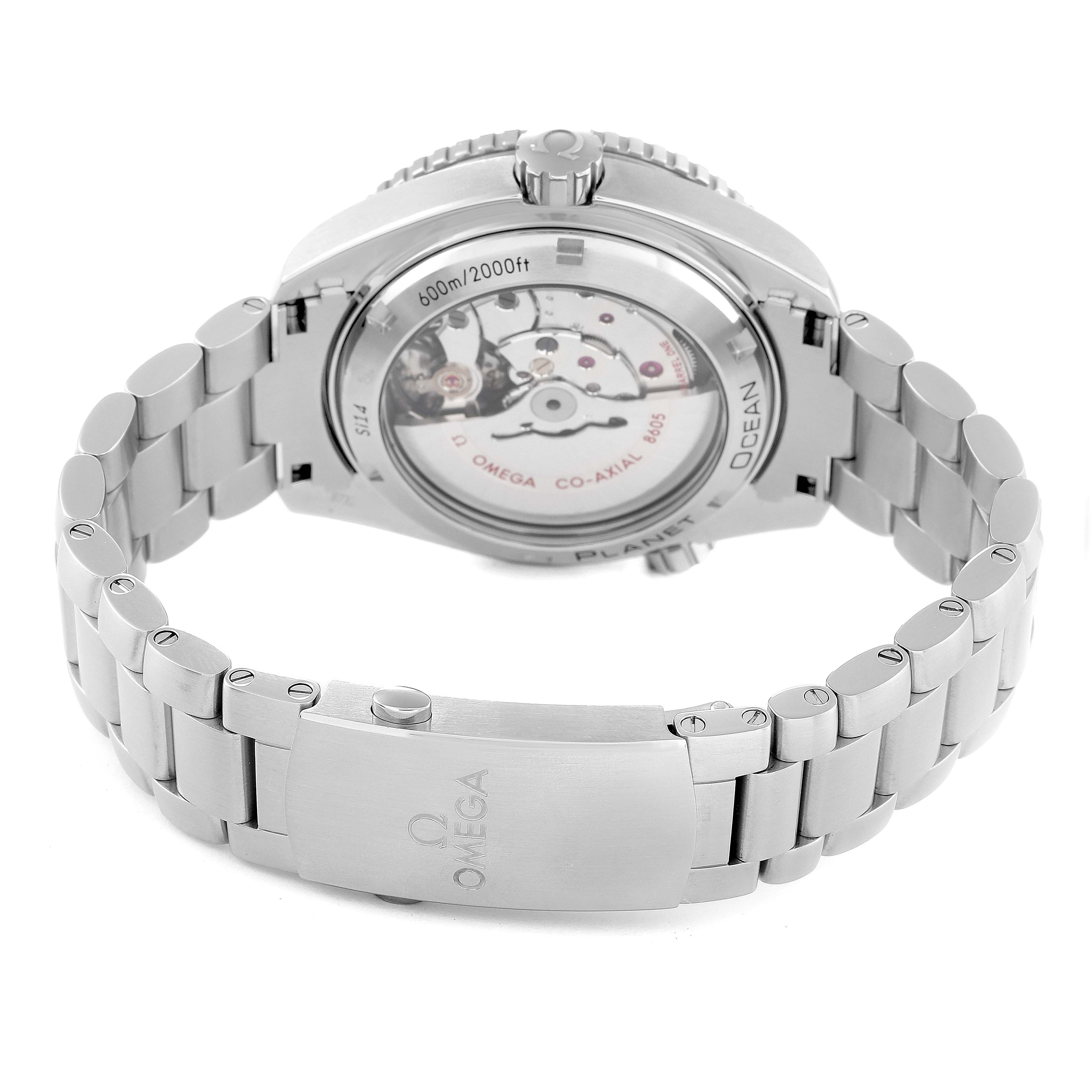 The image shows the back angle of the Omega Planet Ocean 232.30.44.22.01.002 Men
s Stainless Steel Black Dial 232.30.44.22.01.002 Men
s Stainless Steel Black Dial watch, highlighting the case back and bracelet.