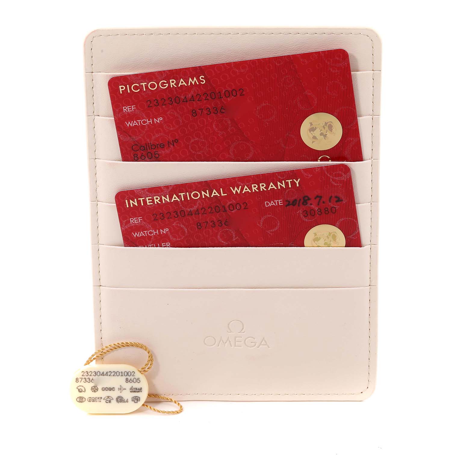 The image shows the warranty cards and tag of an Omega Planet Ocean 232.30.44.22.01.002 Men
s Stainless Steel Black Dial 232.30.44.22.01.002 Men
s Stainless Steel Black Dial watch in a white card holder.