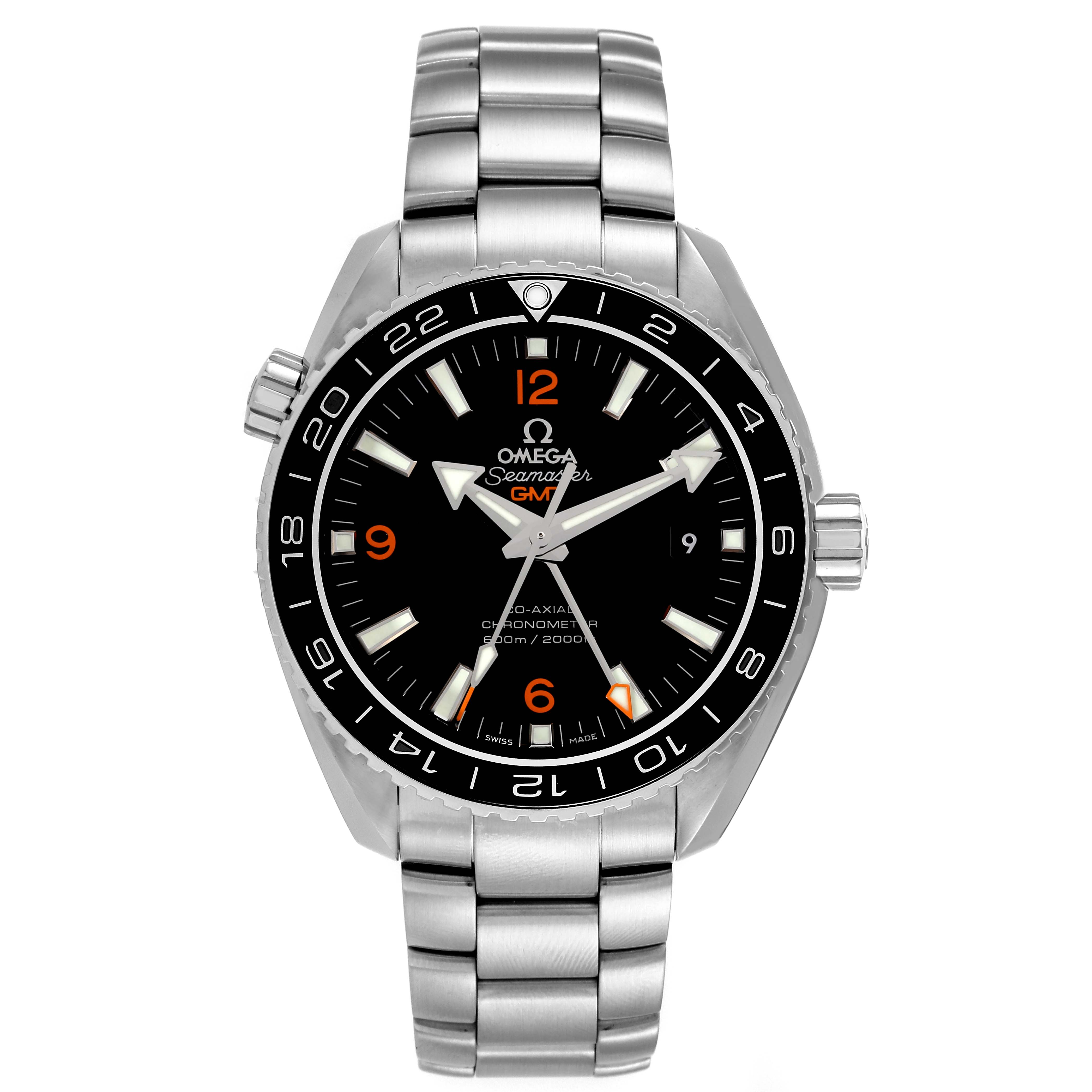 This image shows a full frontal view of the Omega Planet Ocean 232.30.44.22.01.002 Men
s Stainless Steel Black Dial 232.30.44.22.01.002 Men
s Stainless Steel Black Dial watch, detailing its dial, bezel, and bracelet.